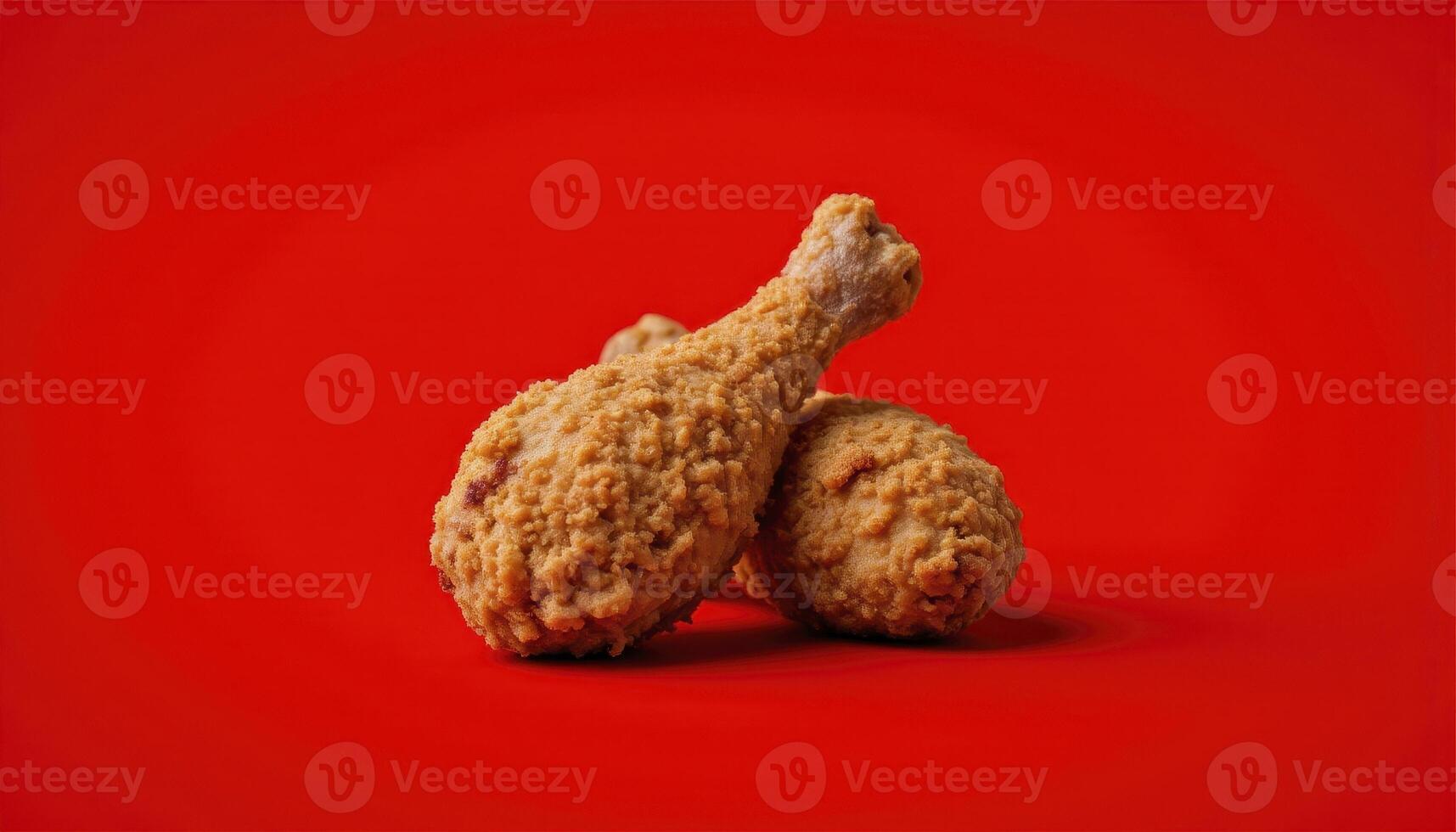 Crispy Fried Chicken Delights Two Delicious Drumsticks on a Vibrant Red Background Perfect for Food Photography Enthusiasts and Culinary Bloggers Showcasing the Golden-Brown Perfection and Juicy photo