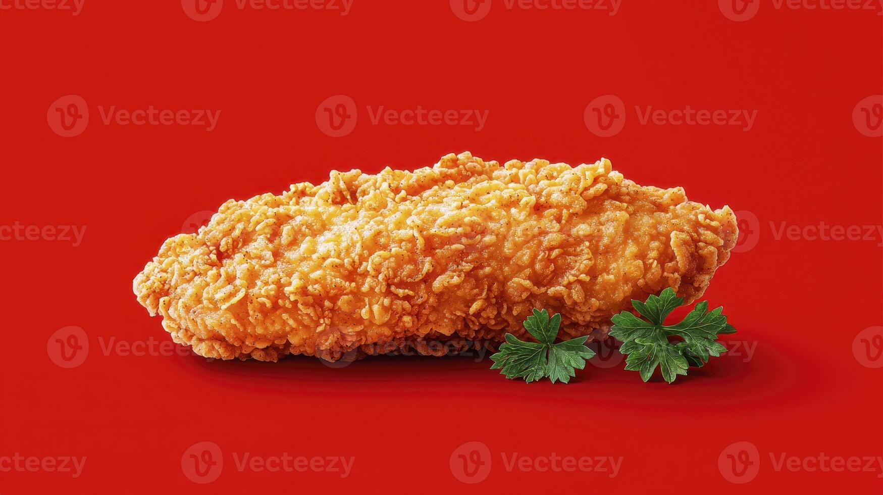Crispy Fried Chicken Delight on Vibrant Red Backdrop A Mouthwatering Still Life Explore the tantalizing texture and golden brown perfection of this freshly cooked chicken piece, showcasing its photo