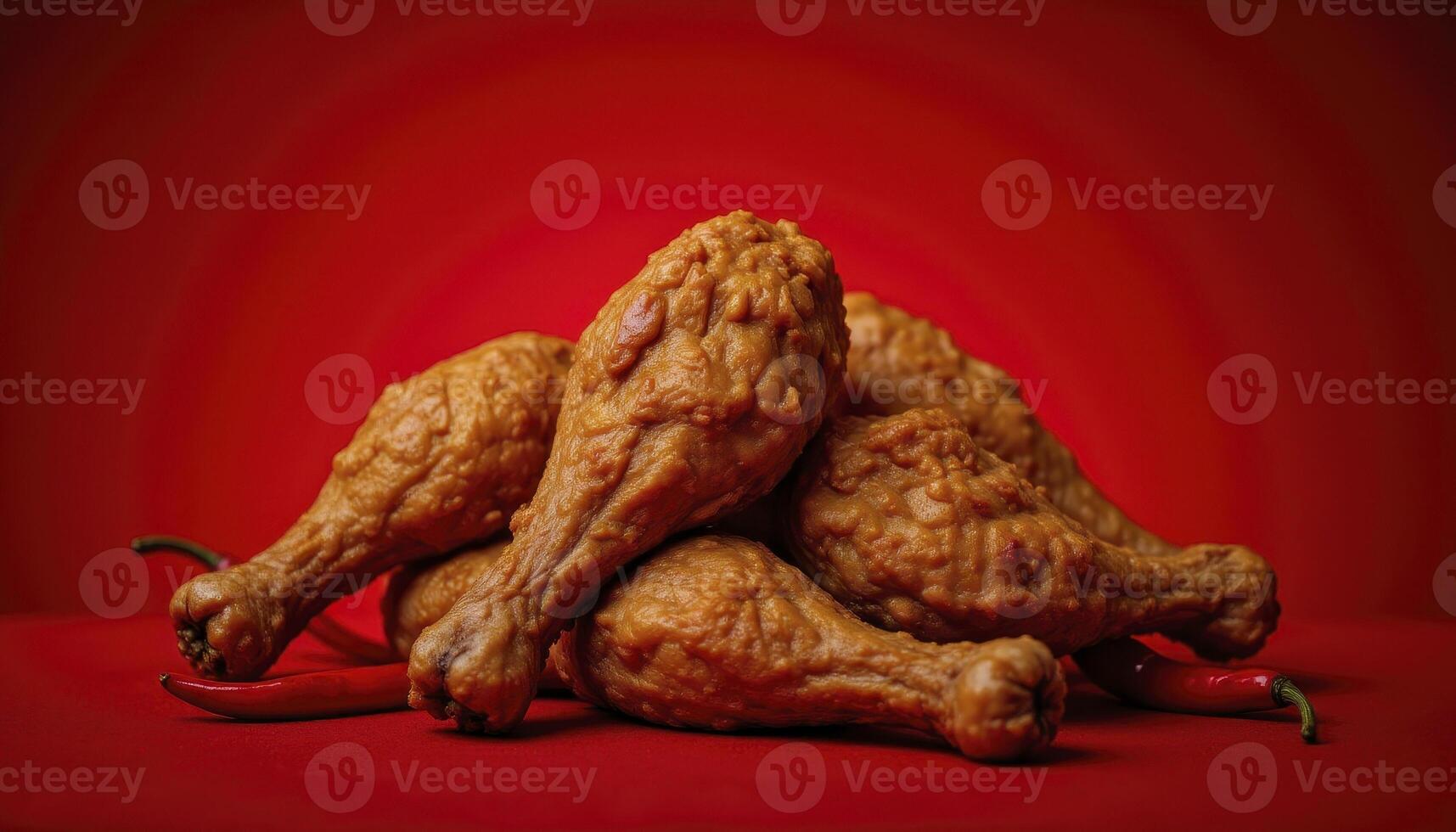 Crispy Fried Chicken Delight A Tempting Close-Up of Golden Brown Perfection Against a Vibrant Red Backdrop, Showcasing Juicy, Delicious Drumsticks Perfect for Foodies and Culinary Enthusiasts, This photo