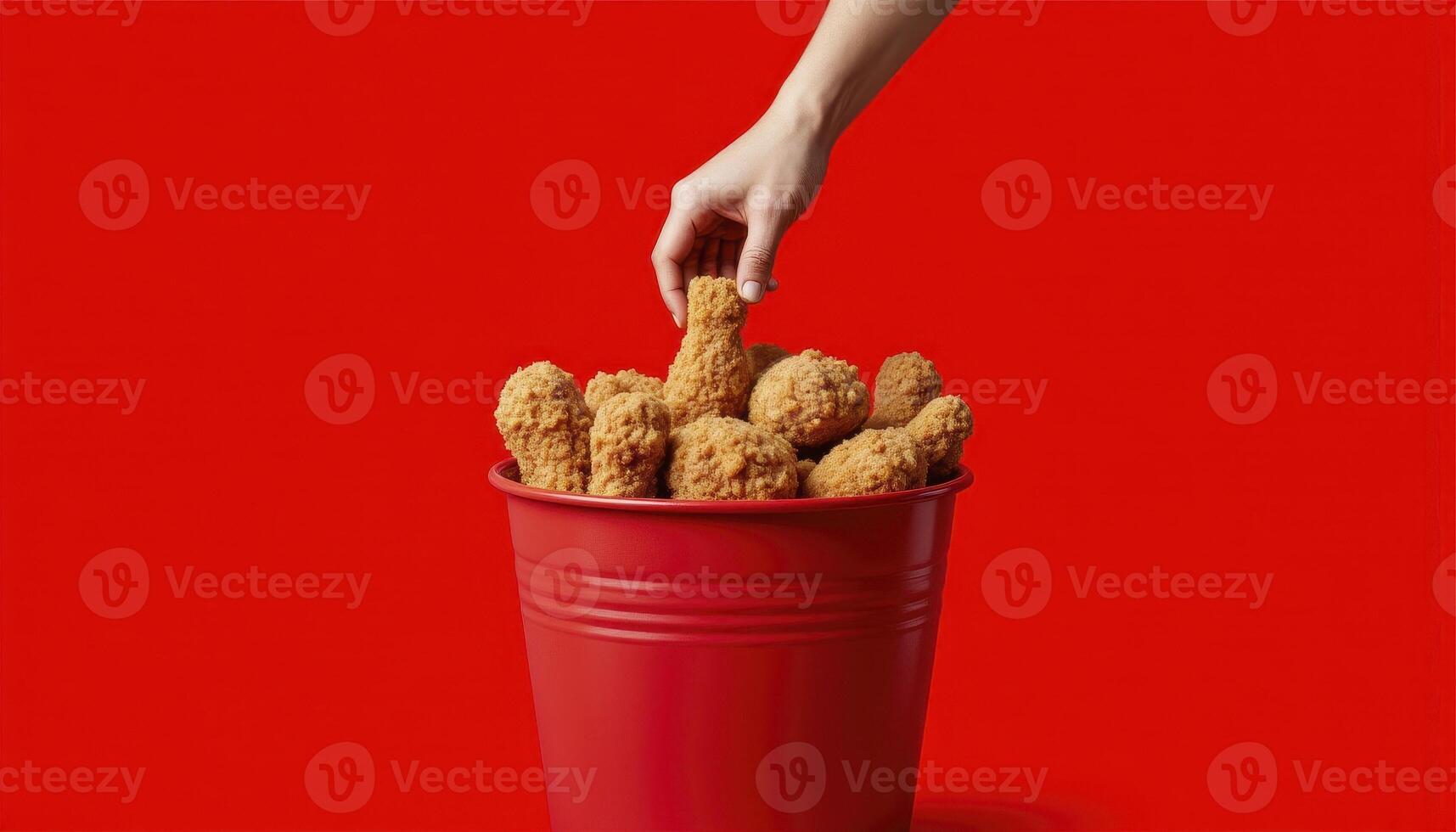 Crispy Fried Chicken Bucket on Red A Delicious Delight Hand reaching for tasty fried chicken in a vibrant red bucket against a striking red background creates a visually appealing and appetizing photo