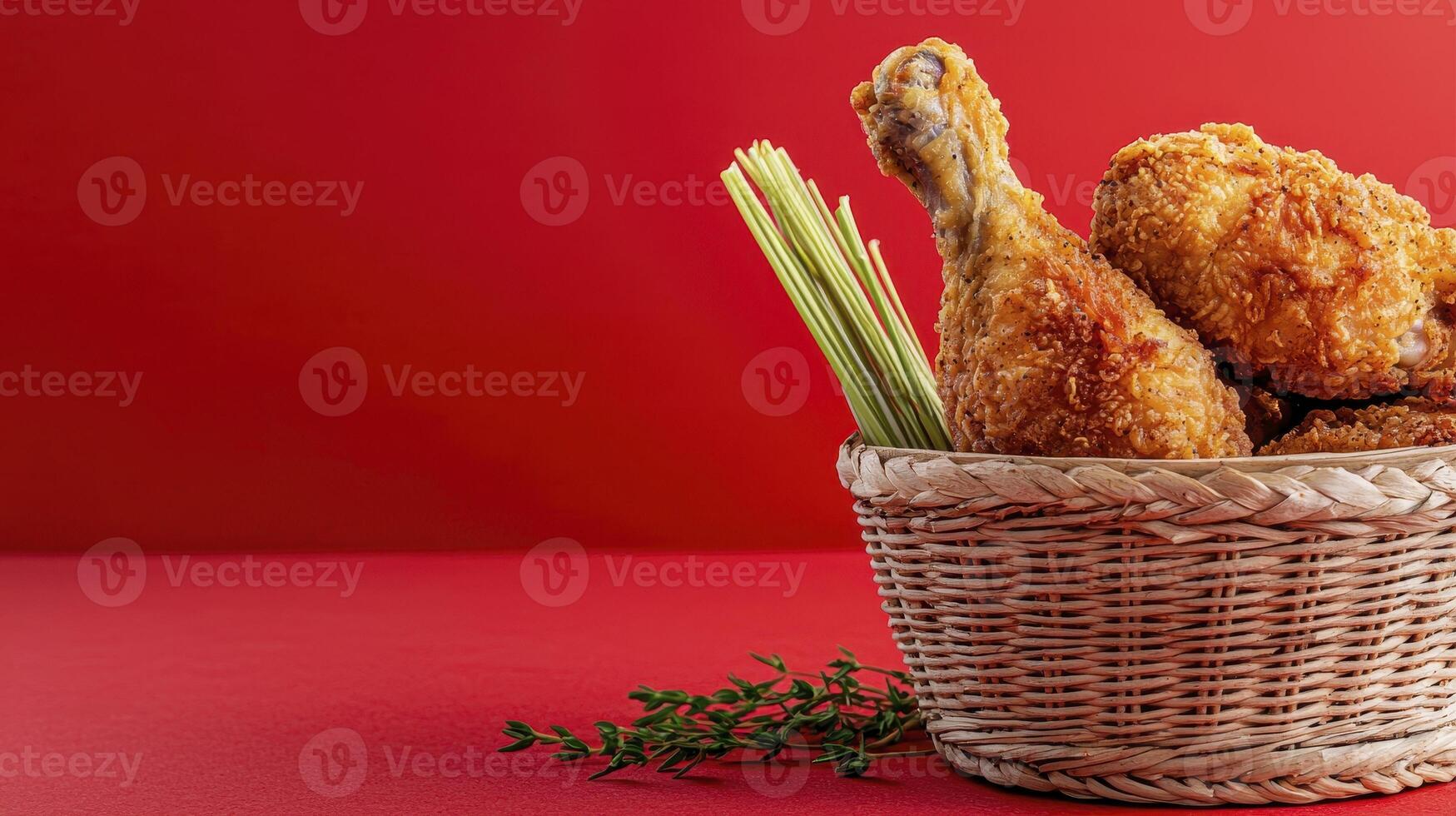 Crispy Fried Chicken Delight A Basketful of Golden Perfection on Vibrant Red Indulge in the mouthwatering allure of perfectly fried chicken, expertly arranged in a charming woven basket against a photo