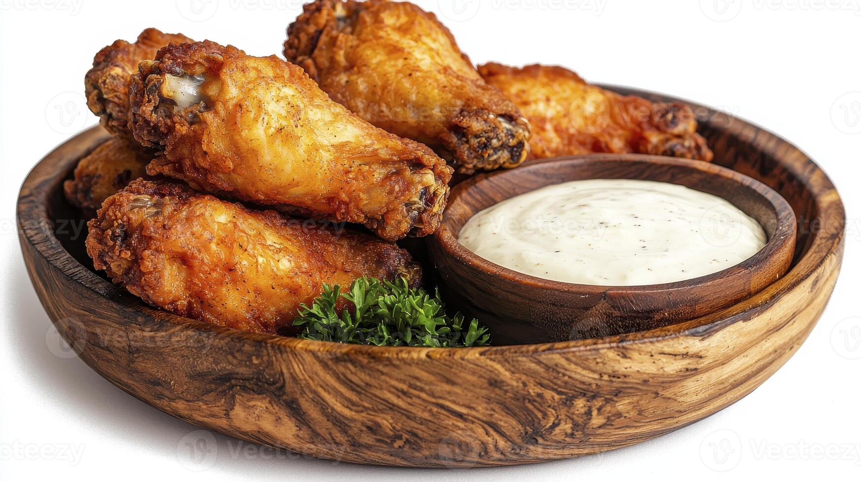 Crispy Chicken Wings Delight Dive into a tempting image showcasing golden-brown, perfectly fried chicken wings, served alongside a creamy, tangy dipping sauce in a rustic wooden bowl, perfect for photo