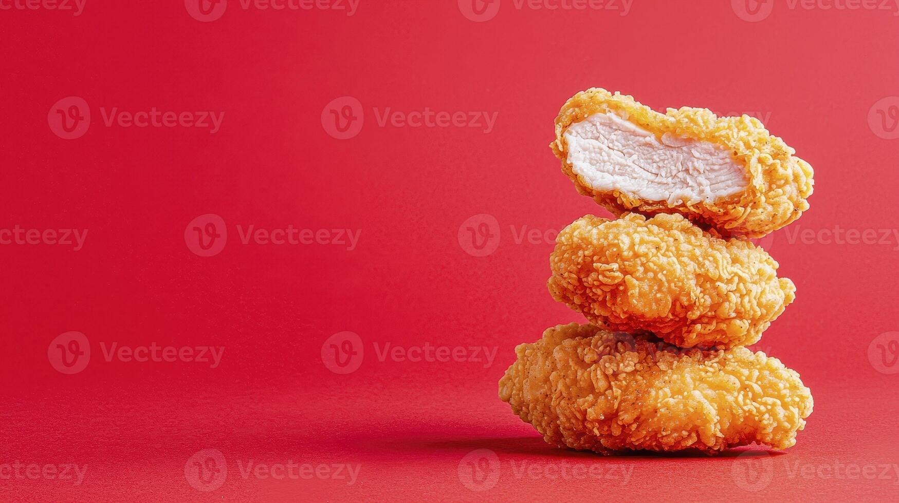 Crispy Chicken Nuggets Stacked on a Vibrant Red Background A close-up photograph showcasing golden-brown, deep-fried chicken nuggets arranged in a tantalizing stack, perfect for culinary enthusiasts photo