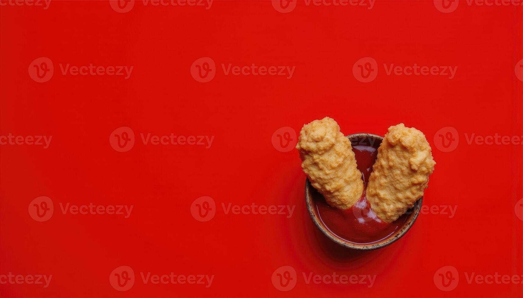 Crispy Chicken Nuggets Delight A Captivating Still Life Photograph Featuring Golden Brown Fried Chicken Nuggets, Deliciously Dipped in Tangy Ketchup, Presented Against a Vibrant and Eye-Catching Red photo