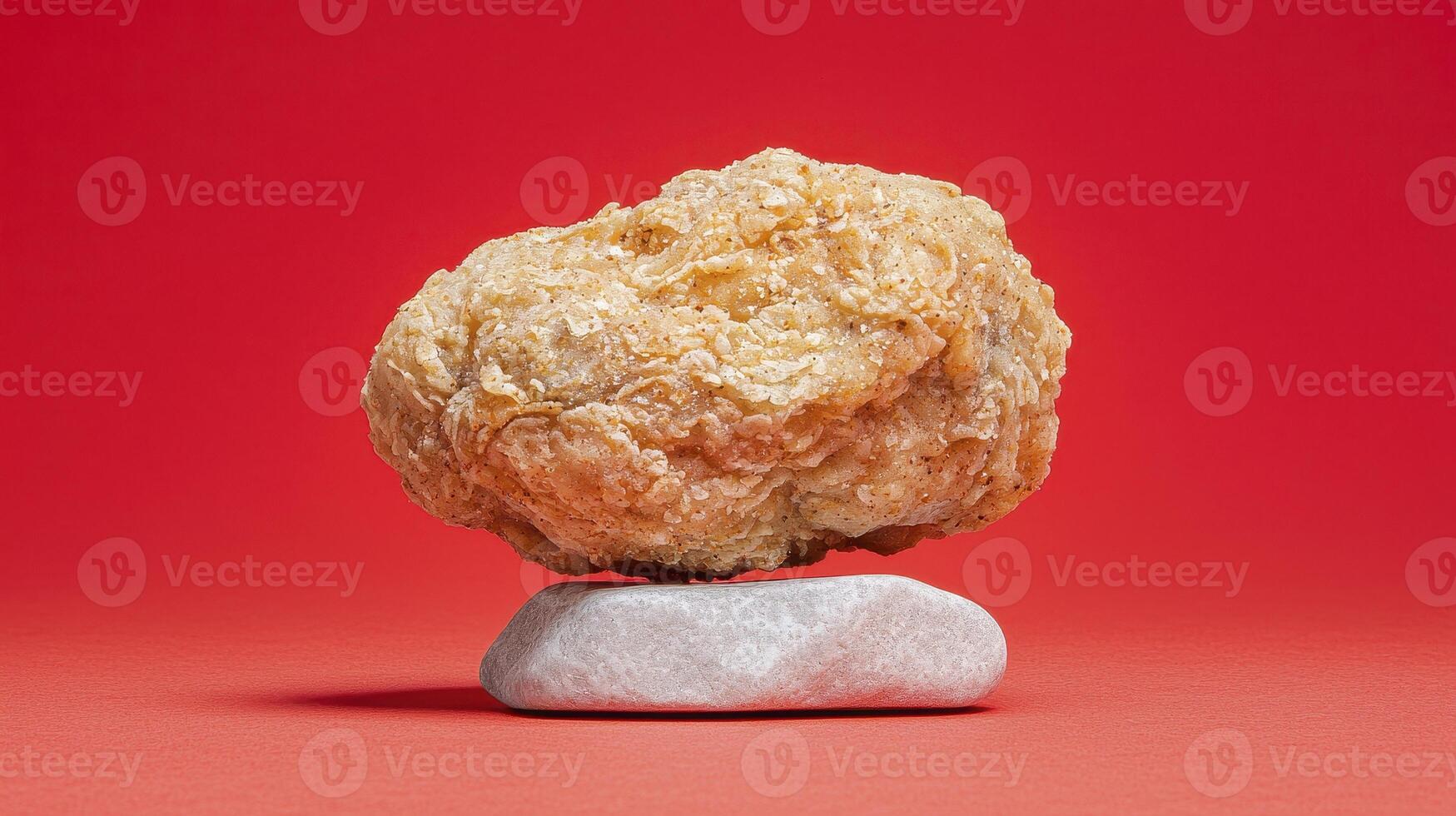 Crispy Chicken Nugget Still Life Photography A Studio Shot Showcasing Culinary Artistry Explore the Detailed Texture of a Golden-Brown Nugget Balanced on a White Stone, Against a Vibrant Red Backdrop photo