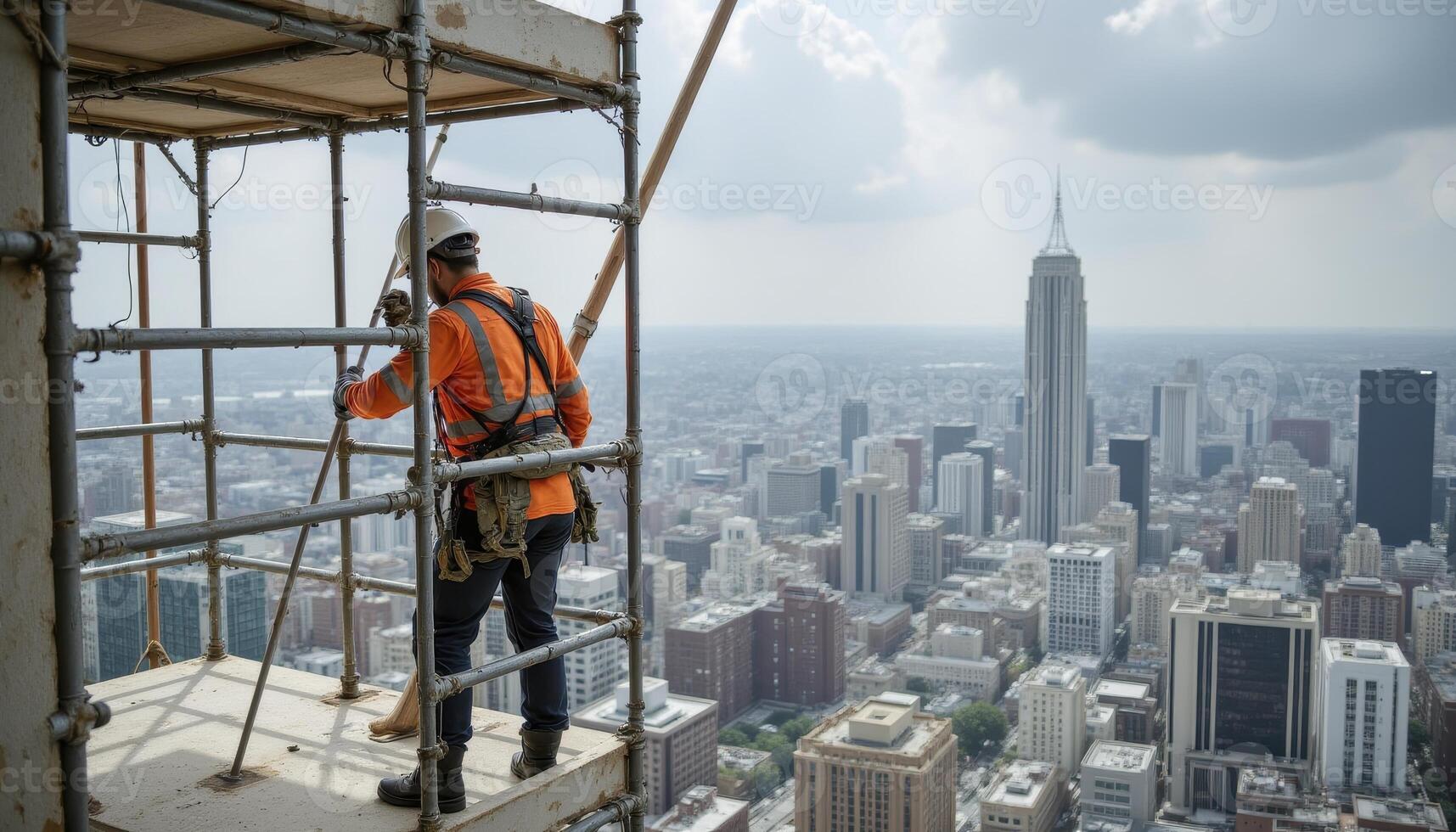 Construction worker, safely positioned on scaffolding high above New York City, captures the impressive cityscape and iconic Empire State Building This image showcases the dedication and skill of photo
