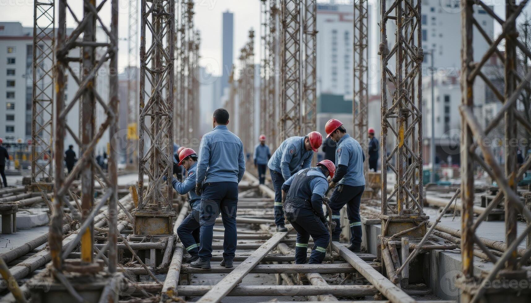 Construction Workers Building Urban Infrastructure A Detailed Look at Labor, Industry, and Progress in the City, Featuring Steel Structures, Hard Hats, and a Team Effort Towards Modern Development photo