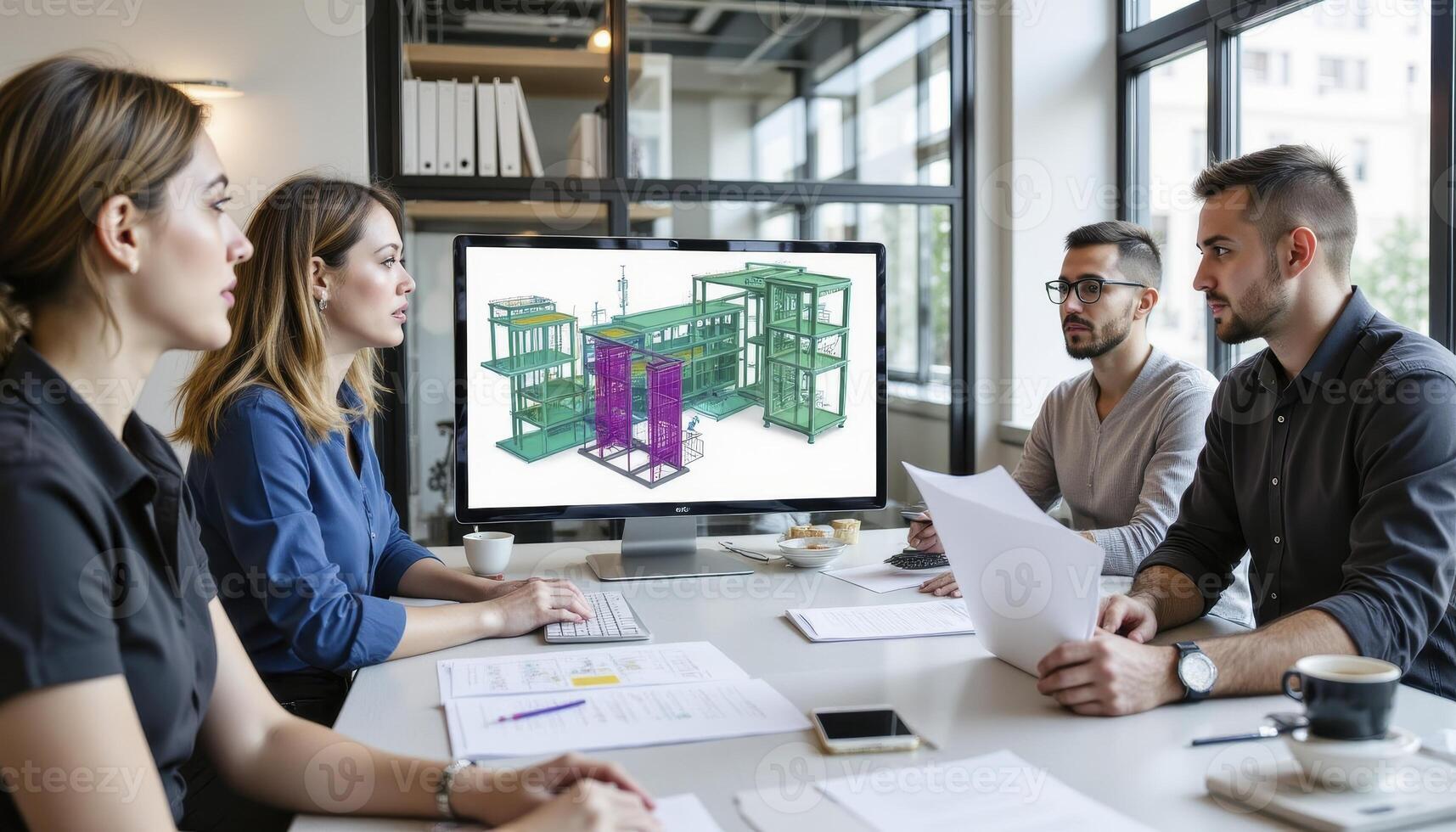 Collaborative Engineering Design Meeting Explore advanced manufacturing solutions with our dedicated team of engineers Utilizing 3D modeling software, we meticulously analyze virtual factory layouts photo