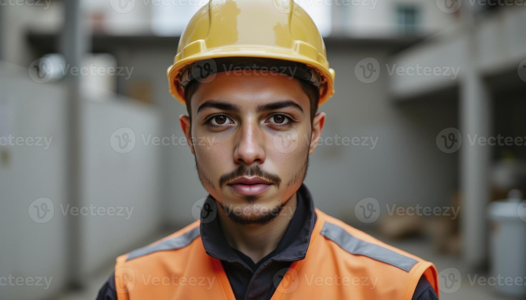 Close-up portrait of a young male construction worker with focused expression, wearing a yellow hard hat and vibrant orange safety vest, standing against an urban, blurred construction site backdrop photo