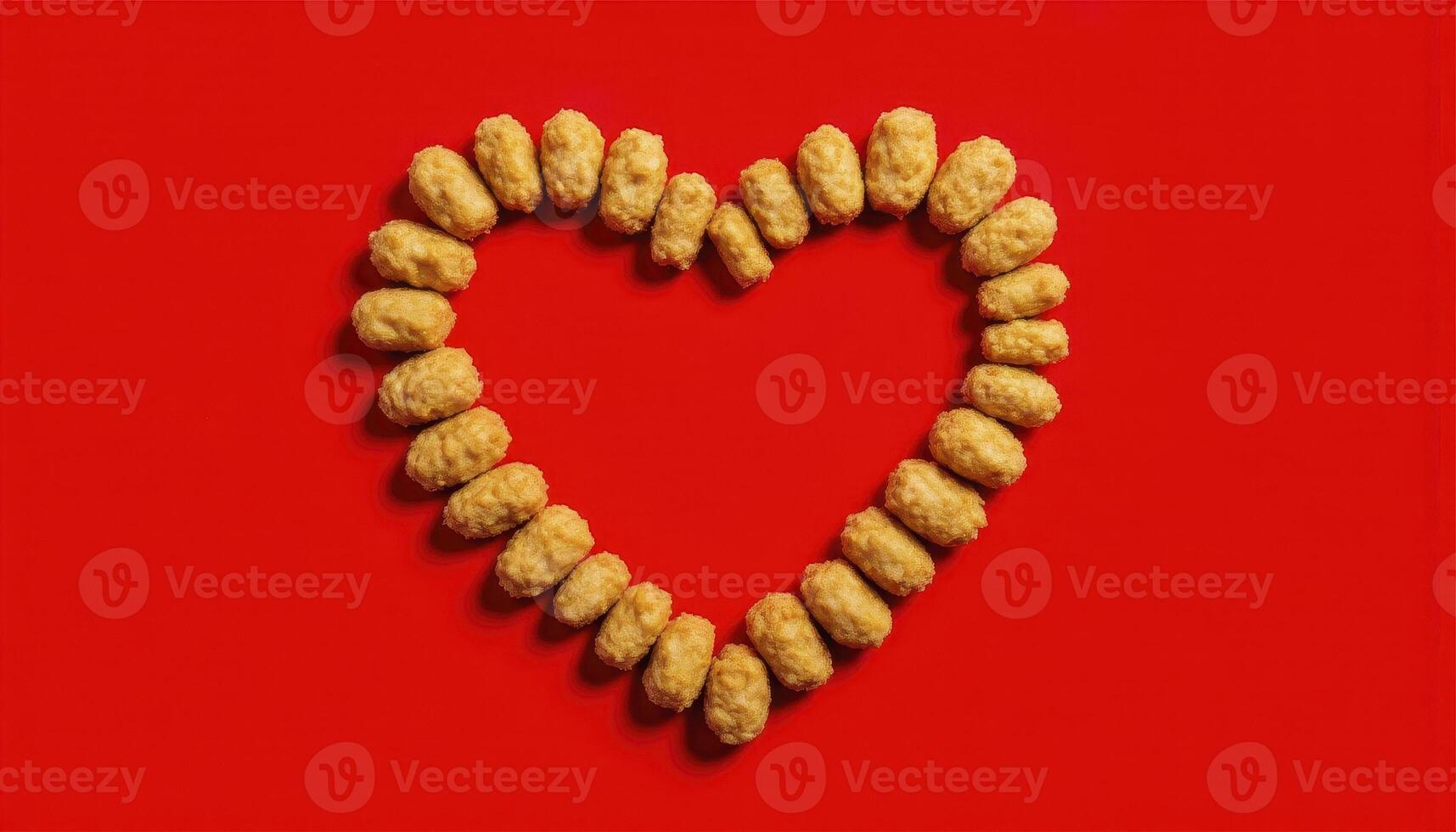 Celebrate love with a unique heart shape formed by delicious potato nuggets, perfect for Valentine's Day or any special occasion This creative arrangement on a vibrant red background captures the photo