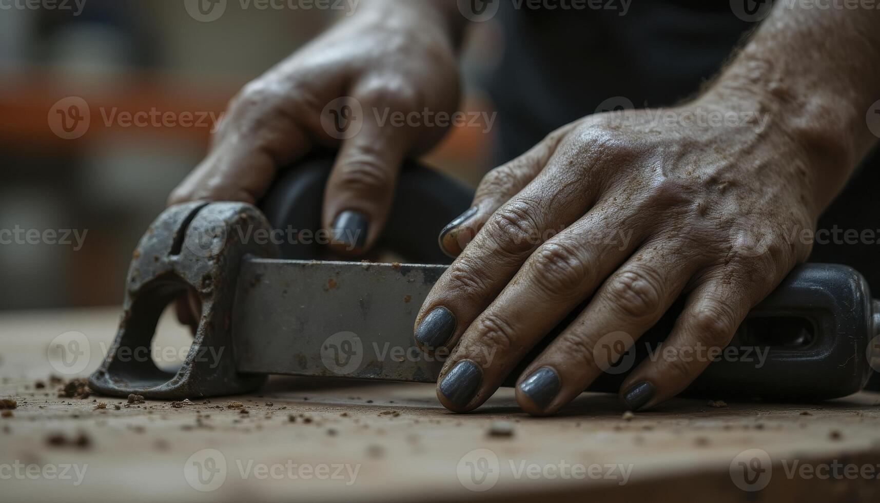 Close-up Image Depicting the Rugged Hands of a Craftsman Diligently Working on a Woodworking Project, Showcasing the Texture of the Wood Grain, the Tools Being Used, and the Dedication to photo