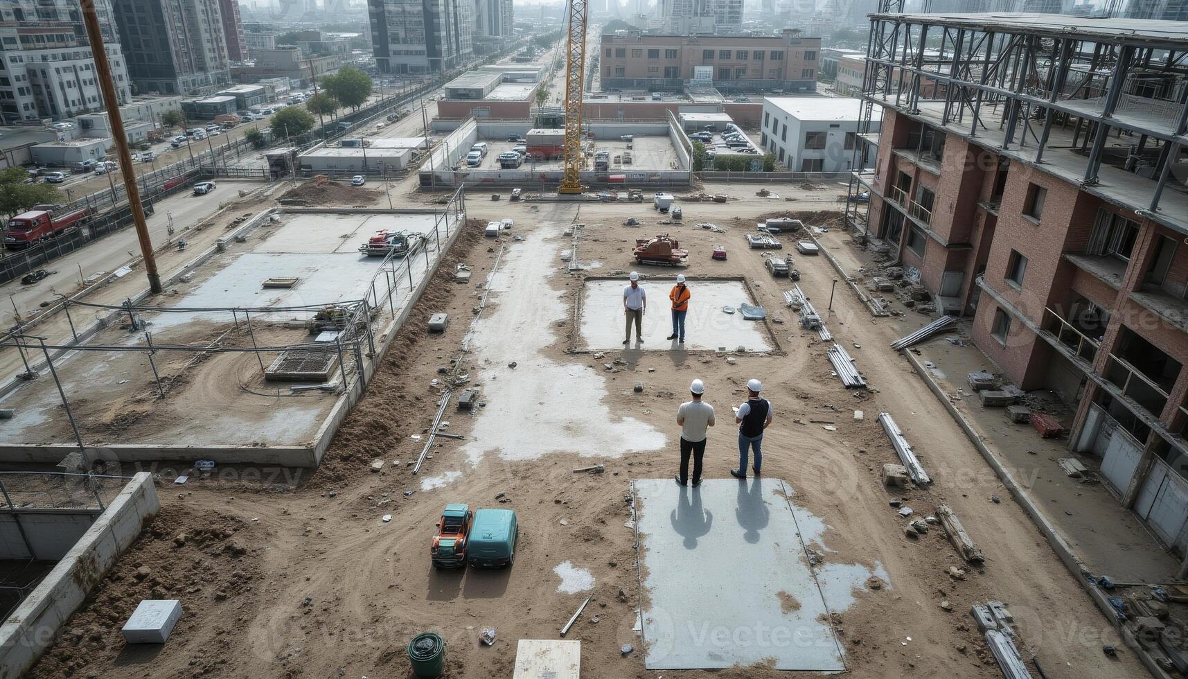 Capturing the Essence of Urban Development A Construction Site Panorama Showcasing the Diligence of Workers and the Raw Beauty of Infrastructure in Progress, with a Focus on Architectural Elements photo