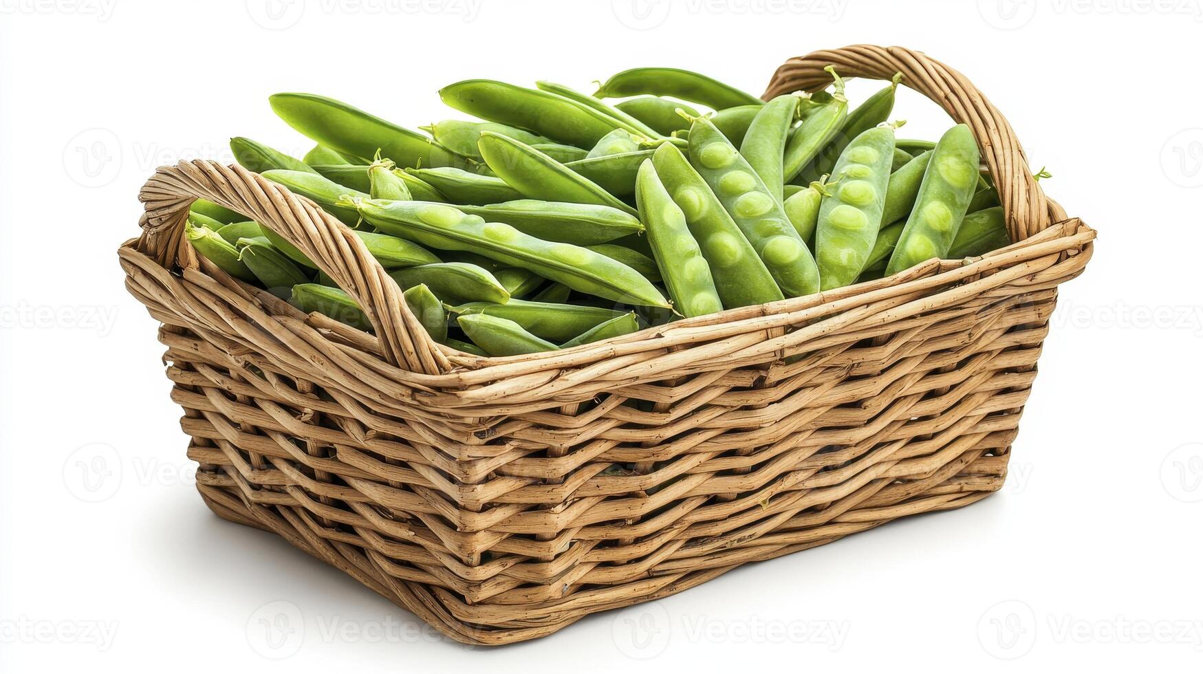 Capture the essence of freshness with this stock photo showcasing a rustic wicker basket overflowing with vibrant, organic sugar snap peas, perfect for culinary creations and healthy lifestyle