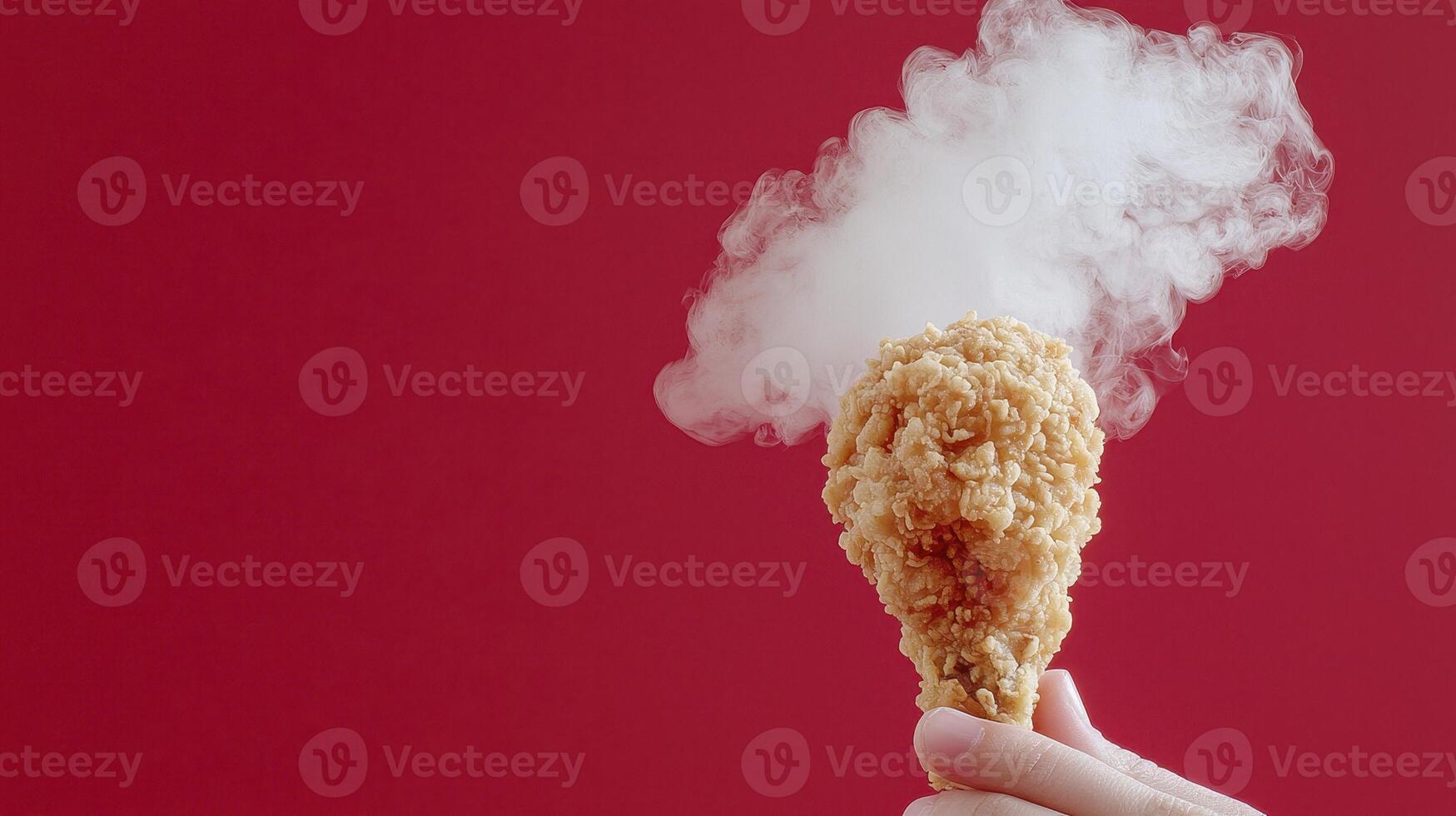 Capture the Deliciousness A Crispy Fried Chicken Drumstick Engulfed in Steam, Set Against a Vibrant Red Backdrop This Stunning Image Showcases the Appetizing Texture and Mouthwatering Aroma of photo