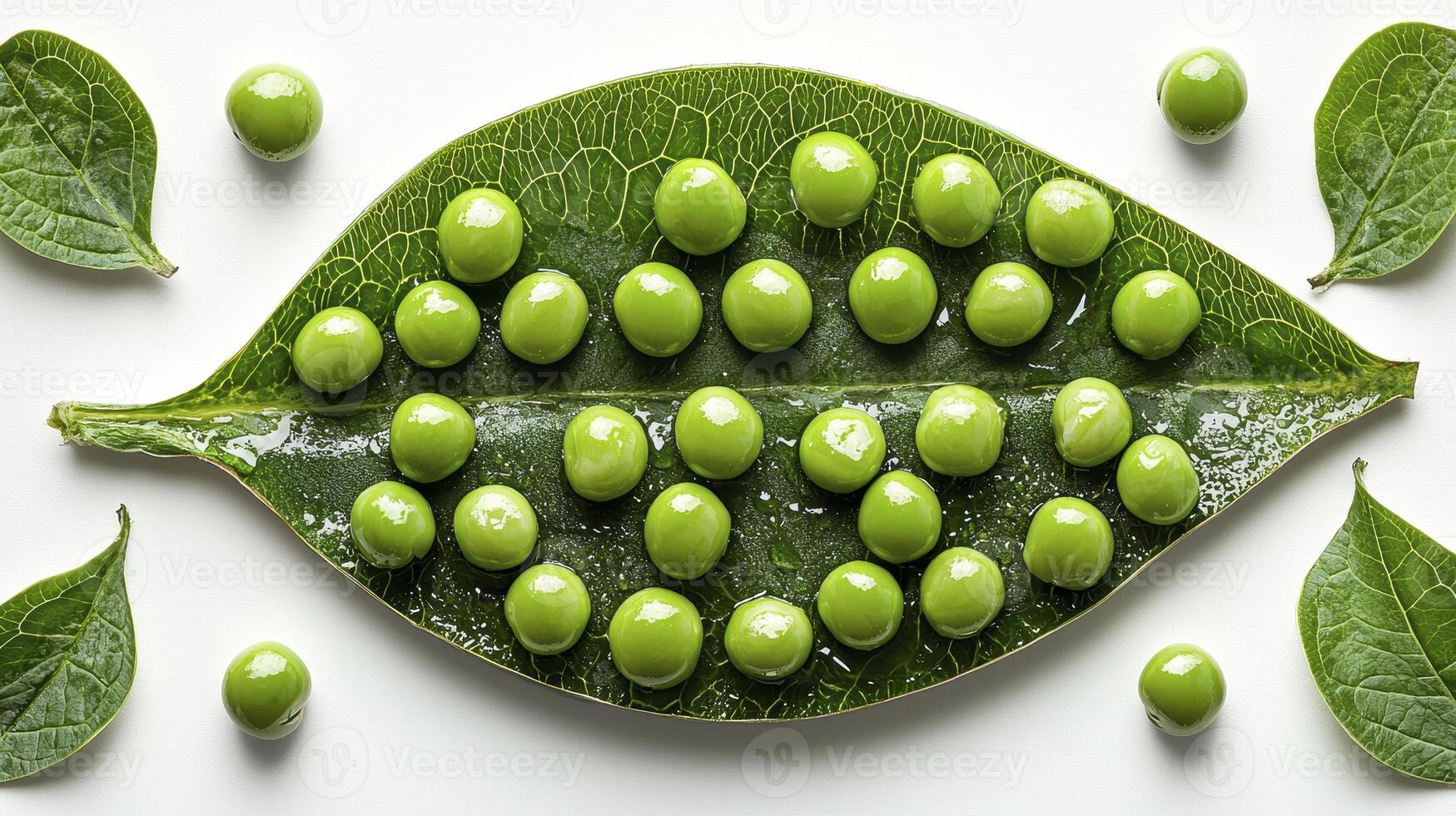 Captivating close-up shot of vibrant green peas arranged artistically on a fresh, textured leaf, creating a visually appealing and natural composition, perfect for food blogs, healthy eating photo