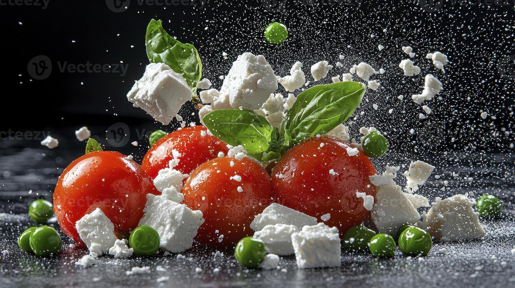 Captivating Still Life A Vibrant Composition of Fresh Tomatoes, Creamy Feta Cheese, and Bright Green Basil Leaves Suspended in Mid-Air, Showcasing a Dynamic Culinary Scene Perfect for Food Blogs photo