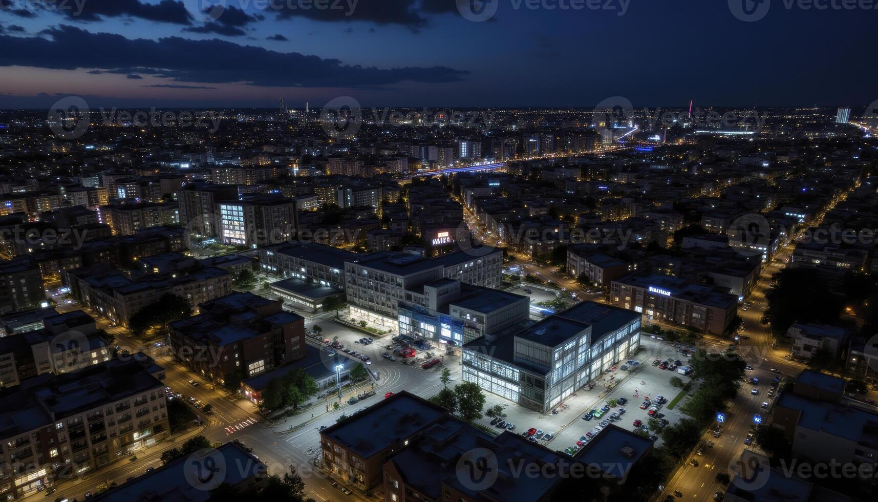 Captivating Nightscape An Aerial View of Urban Splendor, Showcasing the Illuminated Cityscape at Dusk, Highlighting Architectural Brilliance and the Dynamic Energy of the Metropolis Discover the photo