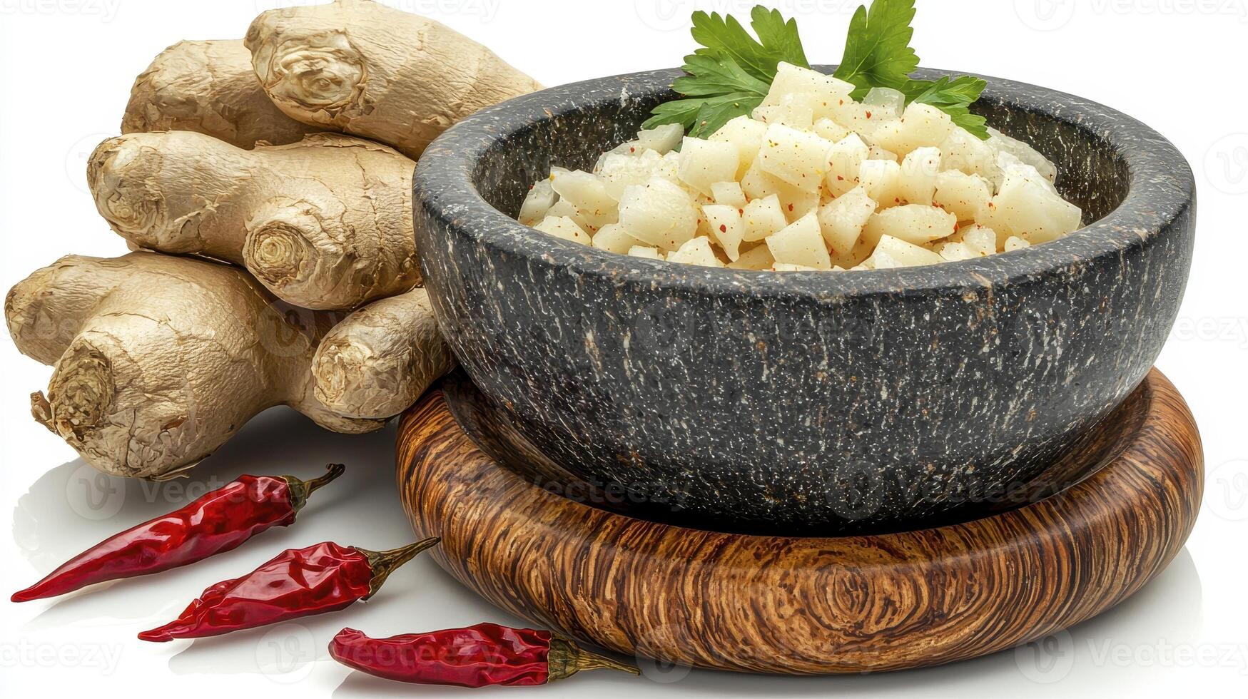 Captivating Culinary Still Life Explore the vibrant colors and textures of fresh ginger root, finely diced garlic in a rustic stone bowl, and fiery red chili peppers, elegantly arranged on a warm photo