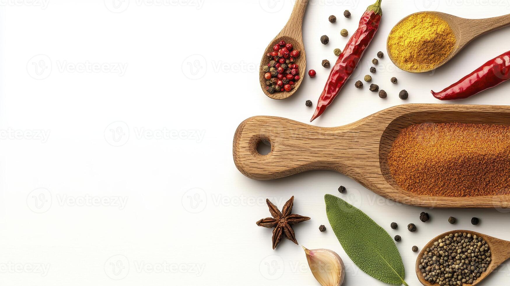 Captivating Culinary Composition A Vibrant Array of Spices and Herbs on a Pristine White Background, Showcasing Red Chili Peppers, Peppercorns, Turmeric Powder, and Anise Star, Enhanced by the Warmth photo
