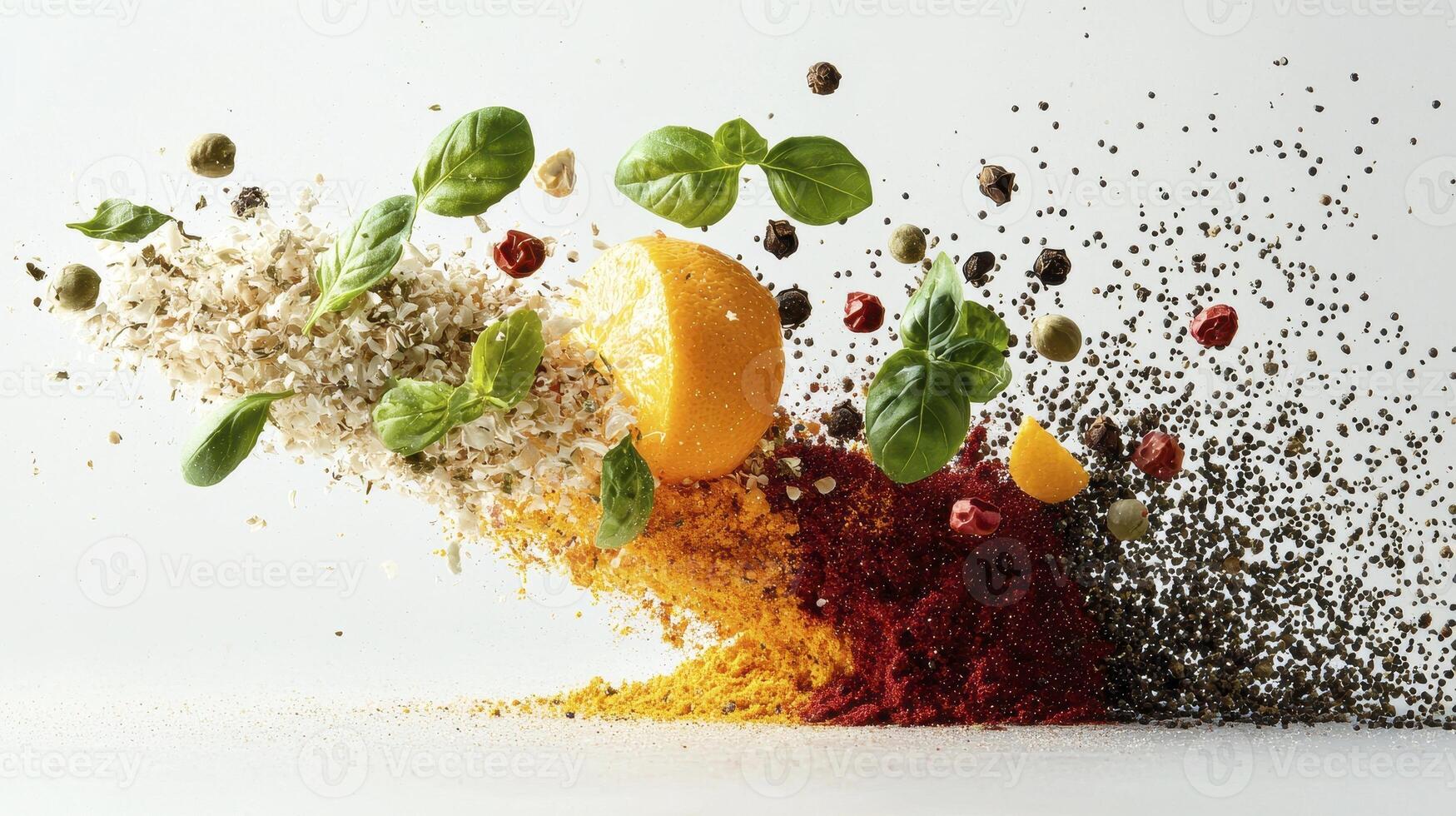 Captivating Culinary Composition A vibrant explosion of flavors frozen in time, showcasing fresh basil leaves, zesty lemon slices, an array of colorful spices and herbs, pepper, turmeric, all photo
