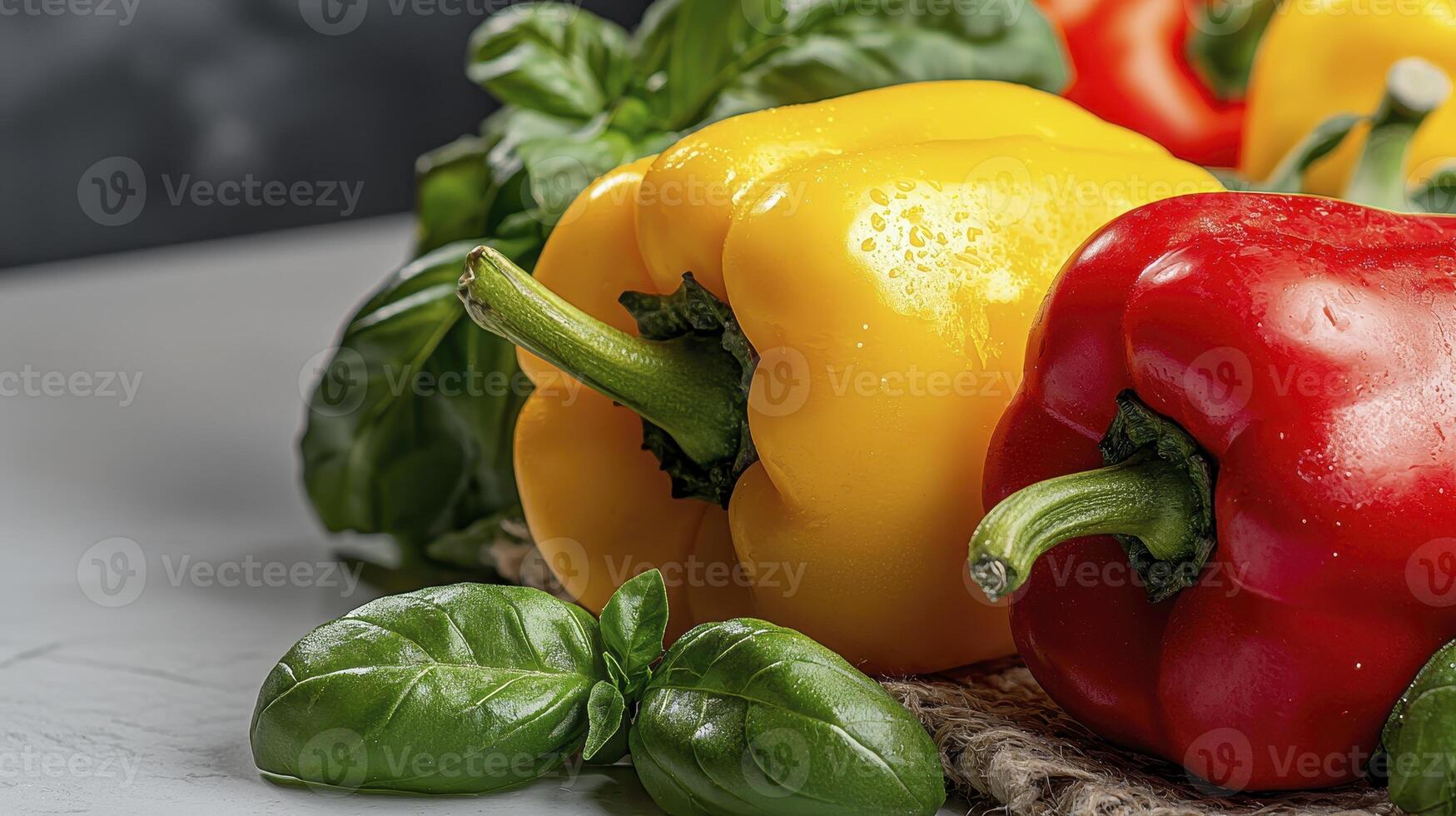 Captivating Close-Up of Vibrant Bell Peppers A Symphony of Colors and Textures Explore the delightful interplay of yellow, red, and green hues in this stunning still life Discover the crisp details photo