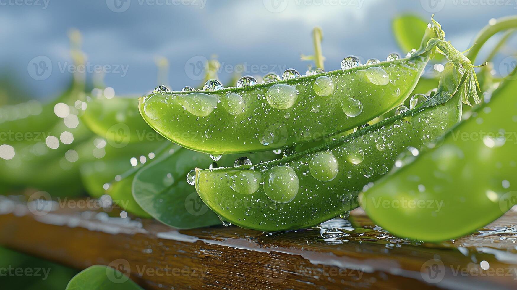 Captivating Close-Up of Fresh Sugar Snap Peas Covered in Sparkling Water Droplets, a Natural Delight Explore the Intricate Details and Vibrant Green Hues of these Delicious Pods, Showcasing the photo