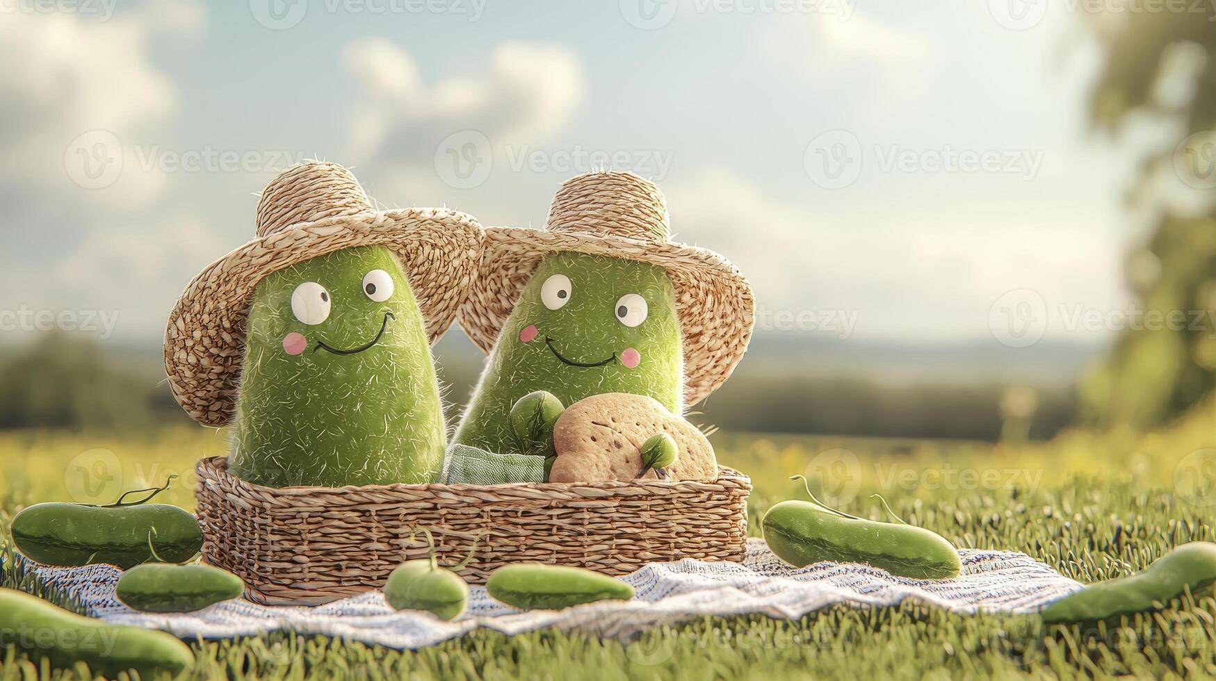 Adorable Cucumber Family Picnic A Charming Scene of Parent Cucumbers with Hats Enjoying a Sunny Day in a Lush Green Field, Baby Cucumber and Picnic Basket, Perfect for Food Bloggers, Healthy Eating photo