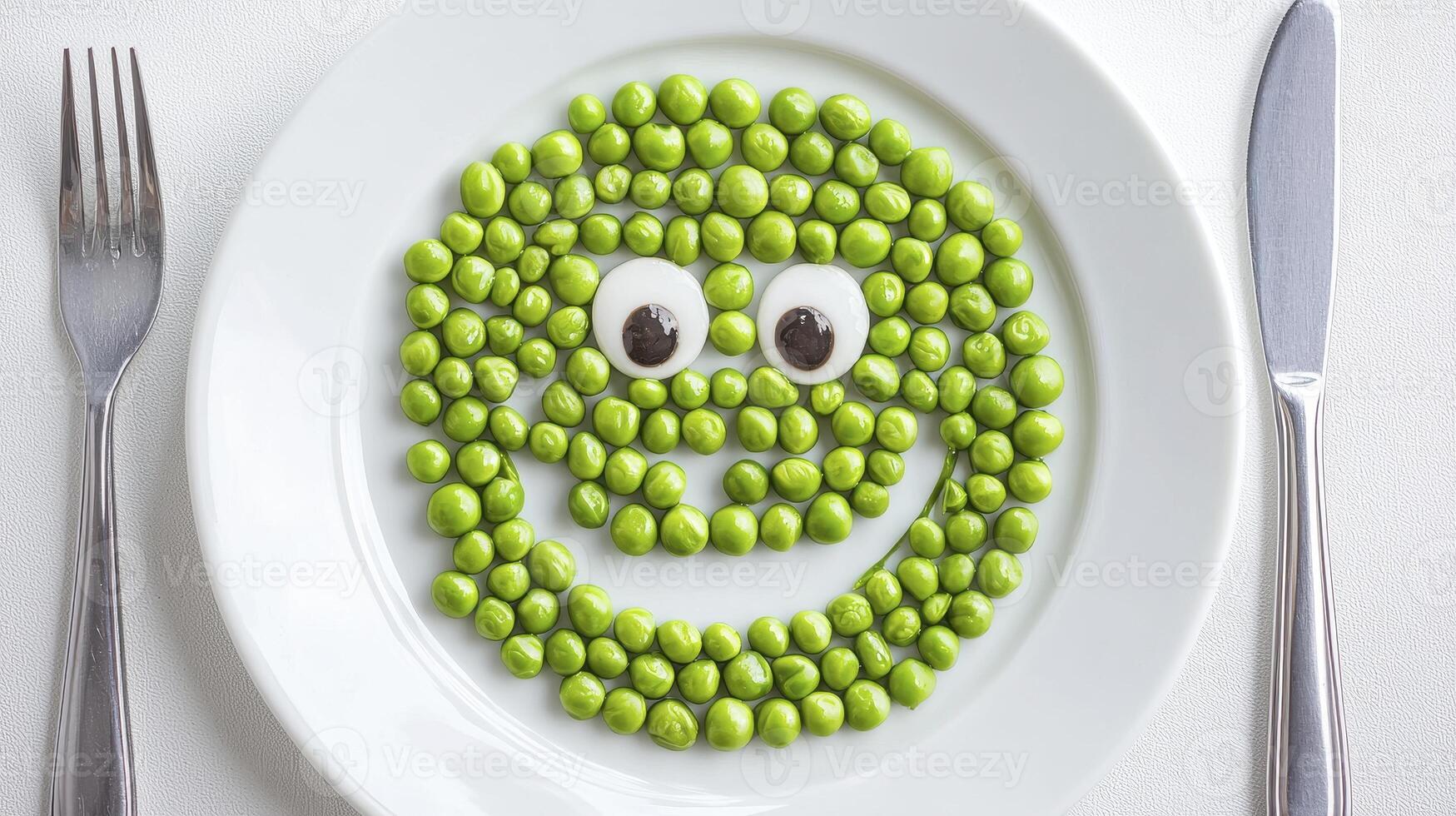 A delightful culinary creation featuring a smiley face crafted from fresh green peas, playfully arranged on a pristine white plate, accompanied by a sleek fork and knife, evoking a sense of joy photo