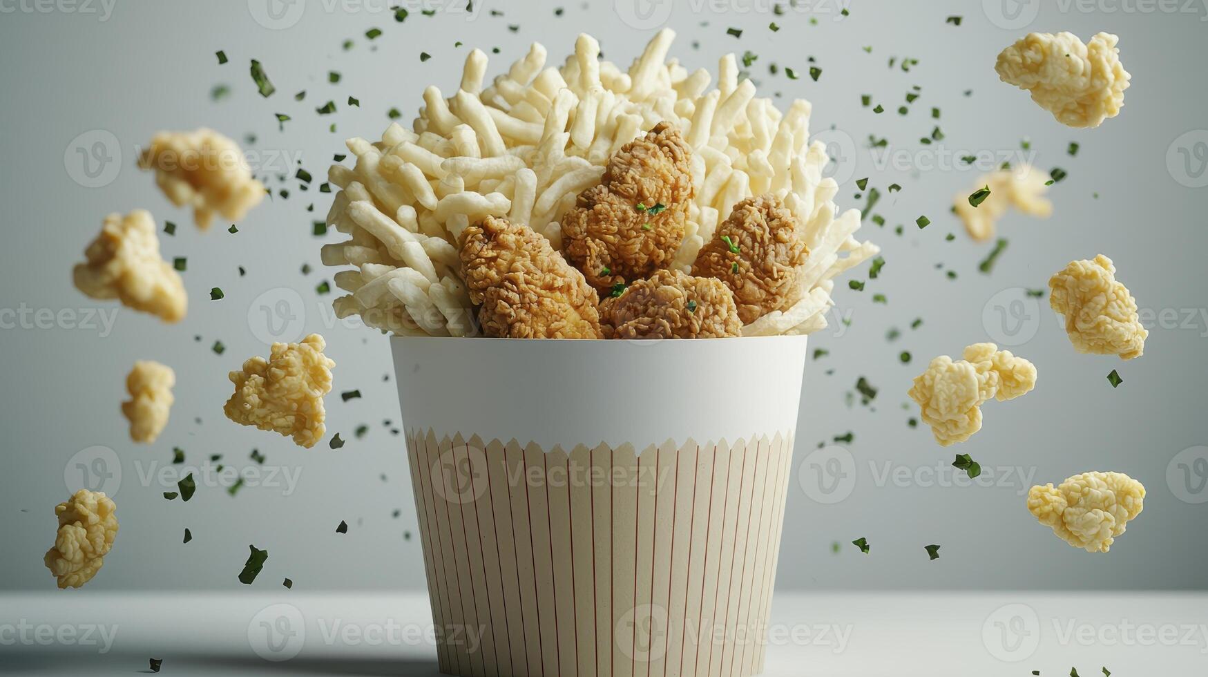 A captivating close-up showcases a delightful fusion of crispy chicken, golden fries, and delectable, scattered snacks, all presented in an inviting container, radiating with the essence of photo