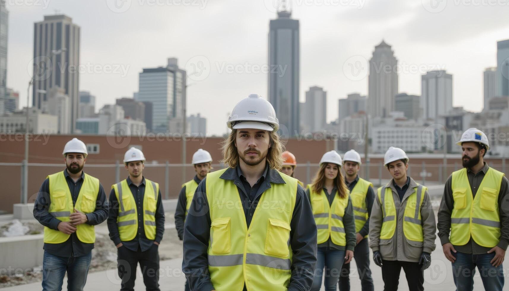 A Diverse Team of Construction Workers Standing Proudly in Front of a Modern Cityscape, Representing Collaboration, Hard Work, and the Spirit of Progress These Dedicated Professionals Embody the photo