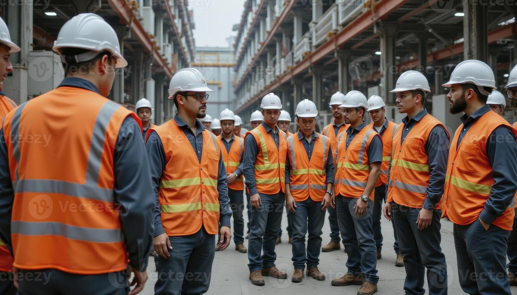 A Diverse Group of Construction Workers Gather for a Morning Meeting, Demonstrating Teamwork and Collaboration in a Modern Industrial Setting, Wearing High-Visibility Vests and Hard Hats, Symbolizing photo