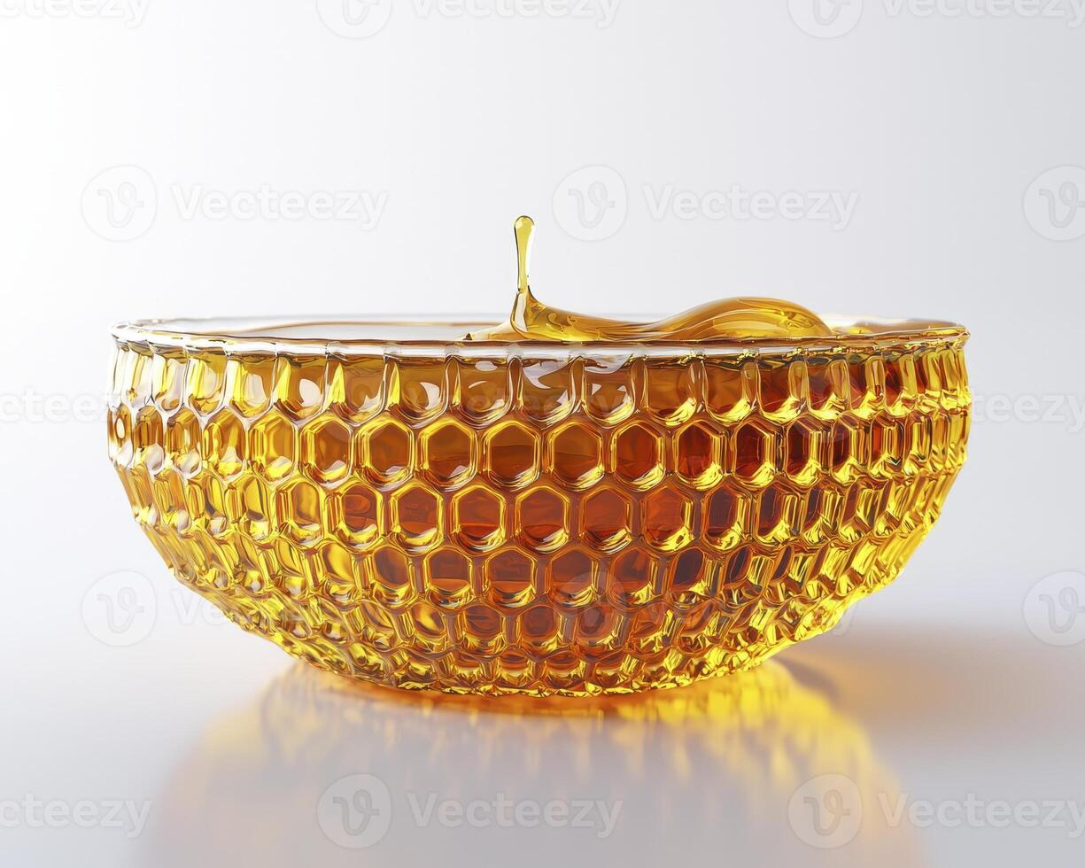 Capture the Golden Essence A Visually Stunning Image of Pure Honey Dripping into a Honeycomb Bowl, Showcasing its Natural Sweetness and Luxurious Texture Perfect for Food Blogs, Health Websites, and photo