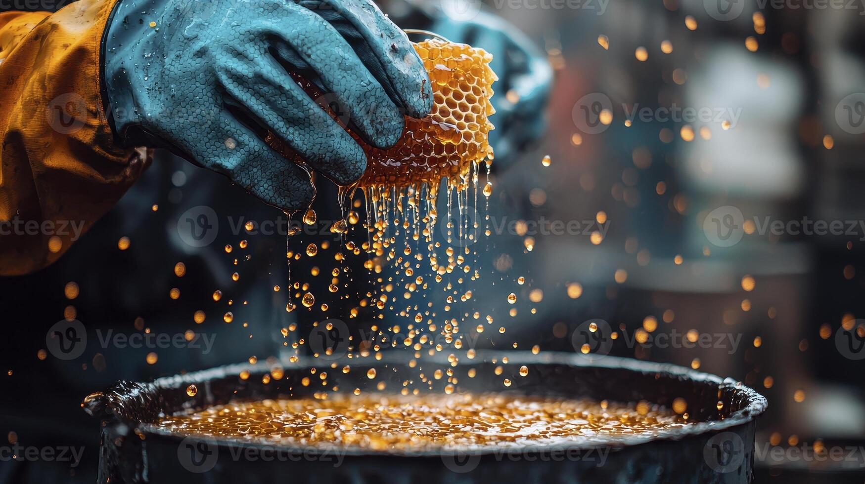 Capturing the Essence of Honey Extraction A Detailed Look at the Process of Honeycomb Handling and Honey Harvesting, Showcasing the Tools and Techniques Used, the Golden Liquid Flowing, and the Bee photo