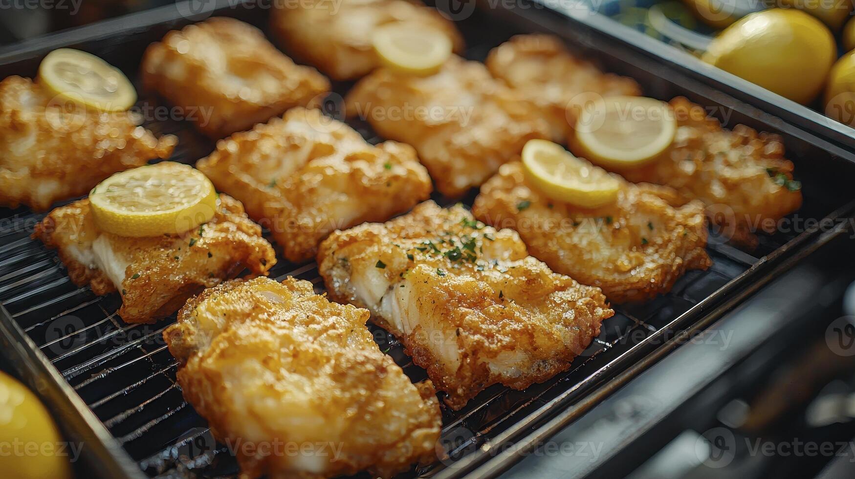 Crispy Fried Fish Fillets with Lemon A Delicious and Easy Recipe for Seafood Lovers Golden-brown, flaky cod fried to perfection, topped with fresh lemon slices A perfect dish for a quick weeknight photo