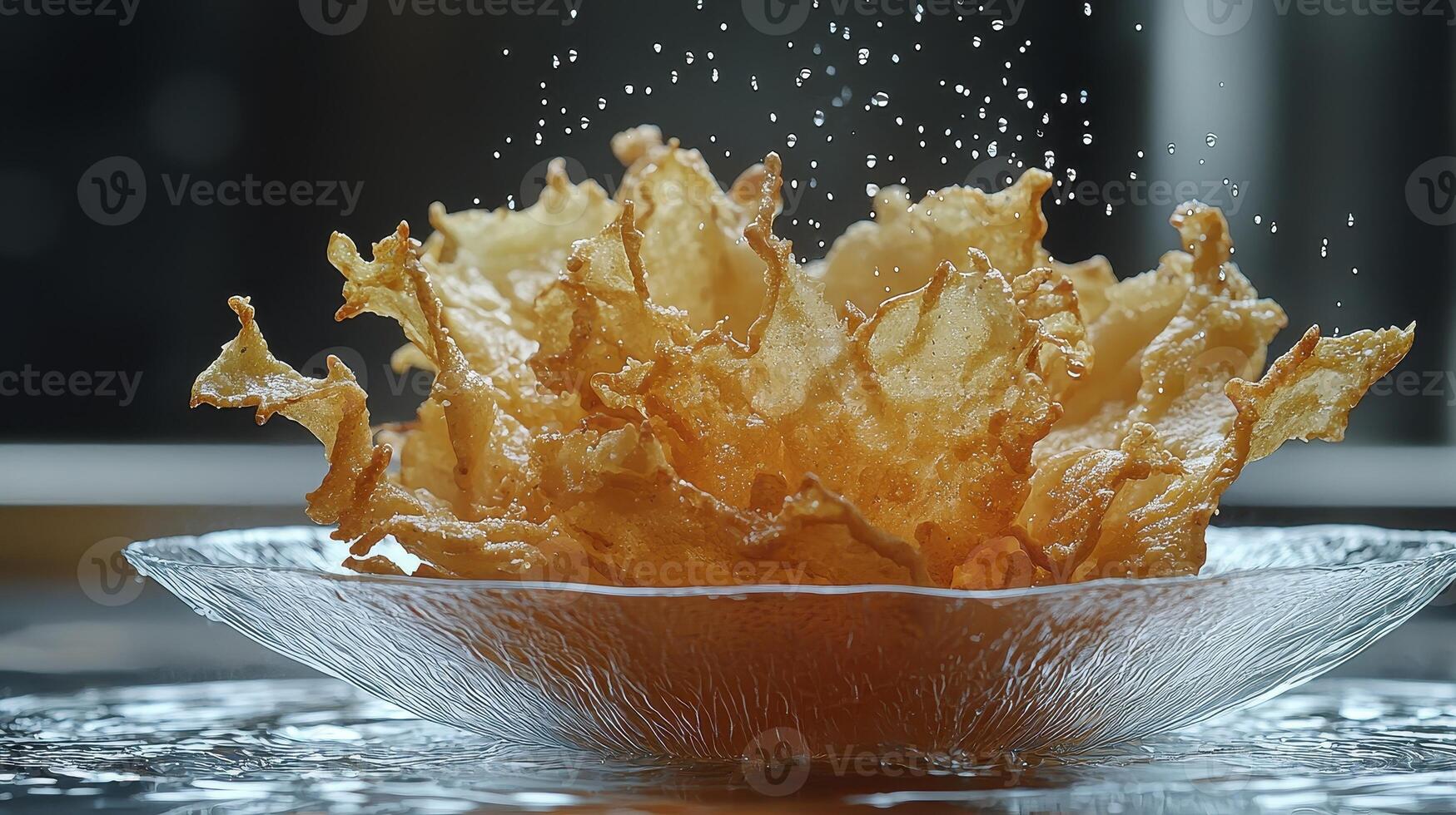 Crispy golden fried onion petals are dramatically presented in a clear glass bowl, illuminated by soft, inviting lighting Salt crystals gracefully cascade downwards, enhancing the visual appeal of photo