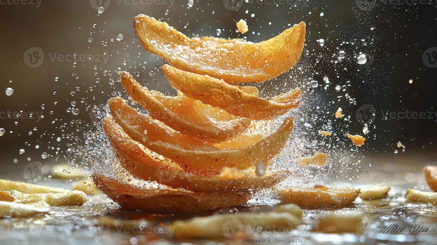 Crispy Potato Wedges in Mid-Air A High-Resolution Studio Shot Showcasing Delicious Golden-Brown Fried Potatoes with a Splash of Water, Perfect for Food Photography Enthusiasts and Recipe Bloggers photo