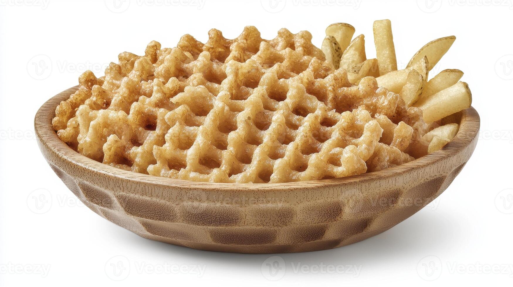 Crispy waffle fries and classic fries presented in a peanut-shaped bowl, ideal for restaurant menus and food blogs explore innovative ways to showcase potato-based snacks, capture the appetizing photo