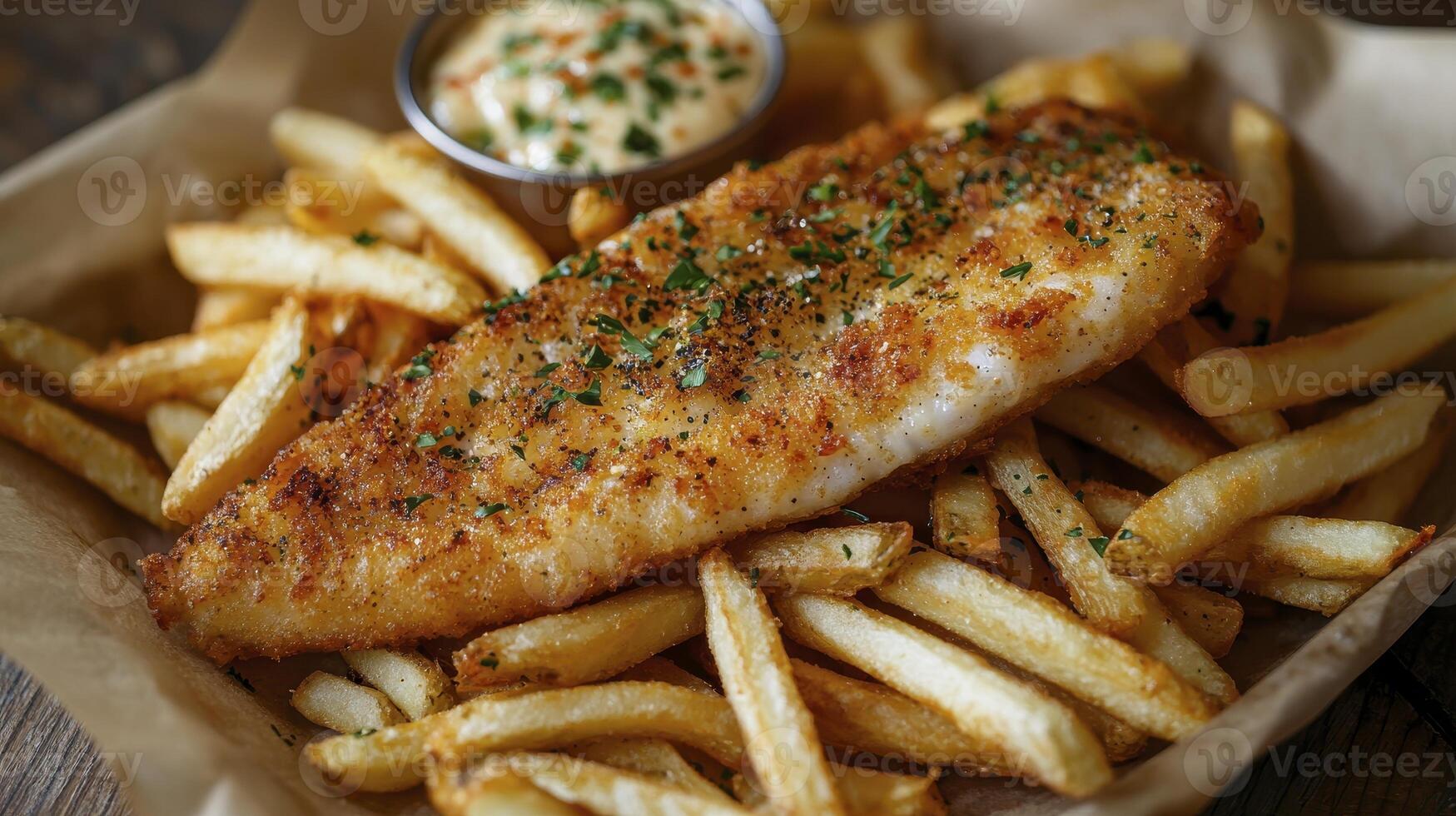 Delicious Fish and Chips A Classic British Comfort Food Delight Crispy Fried Fish Fillet Served with Golden French Fries and a Creamy Tartar Sauce Enjoy this Traditional Meal at Your Favorite Pub or photo