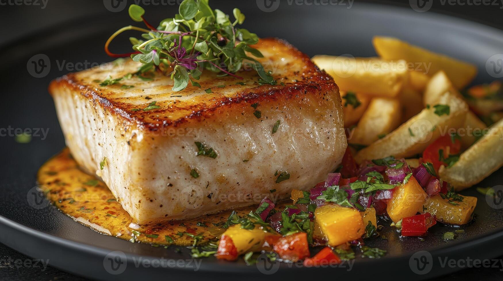 Delicious Grilled Halibut Steak on a Black Plate A Captivating Food Photography Shot Showcasing Perfectly Cooked Fish, Garnished with Fresh Herbs, Accompanied by Crispy French Fries, and a Vibrant photo