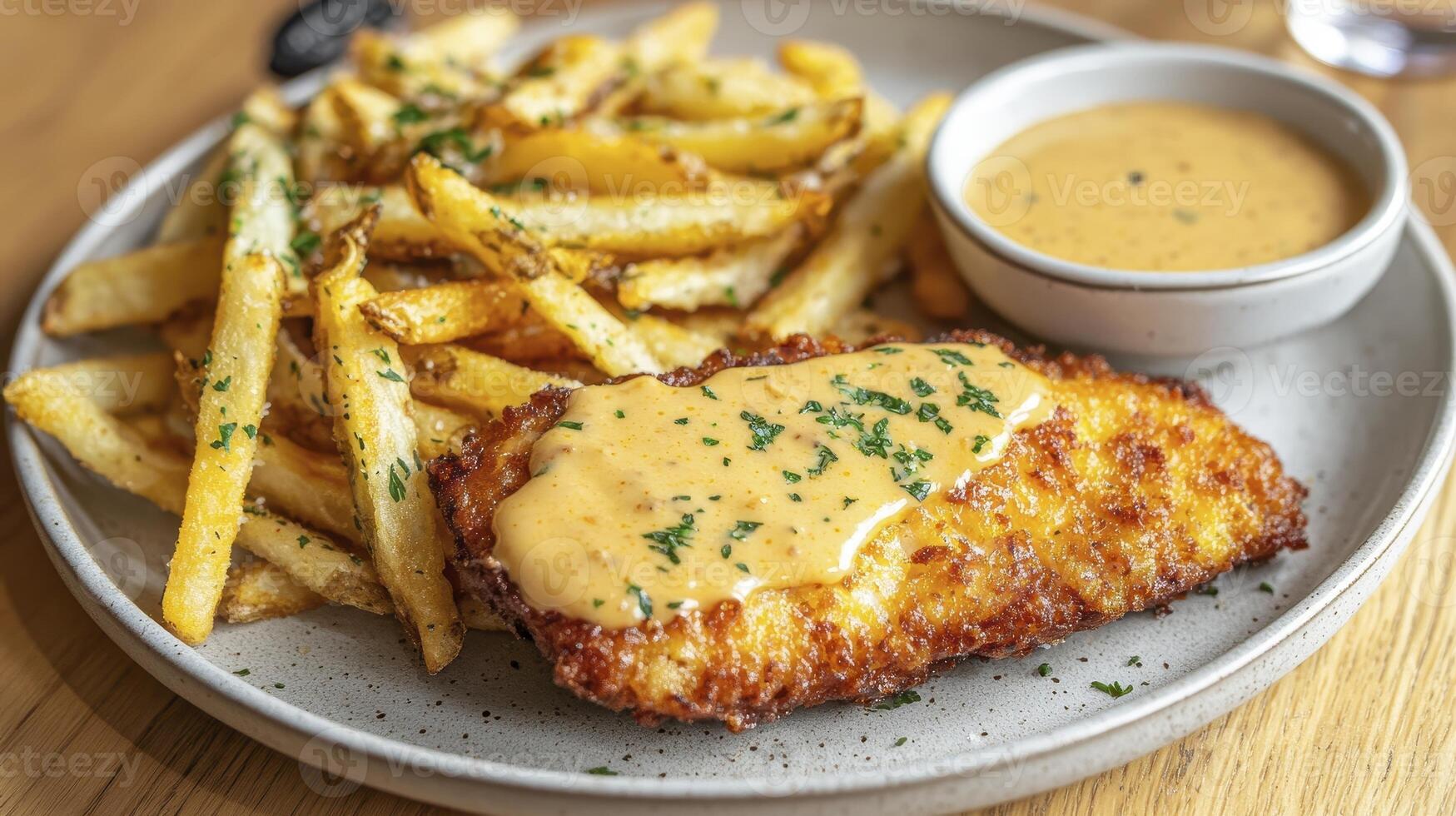 Delicious Schnitzel with Fries and Sauce A Mouthwatering Culinary Delight Featuring Crispy Breaded Schnitzel, Golden French Fries, and a Creamy, Flavorful Sauce, Perfect for a Satisfying Meal Indulge photo
