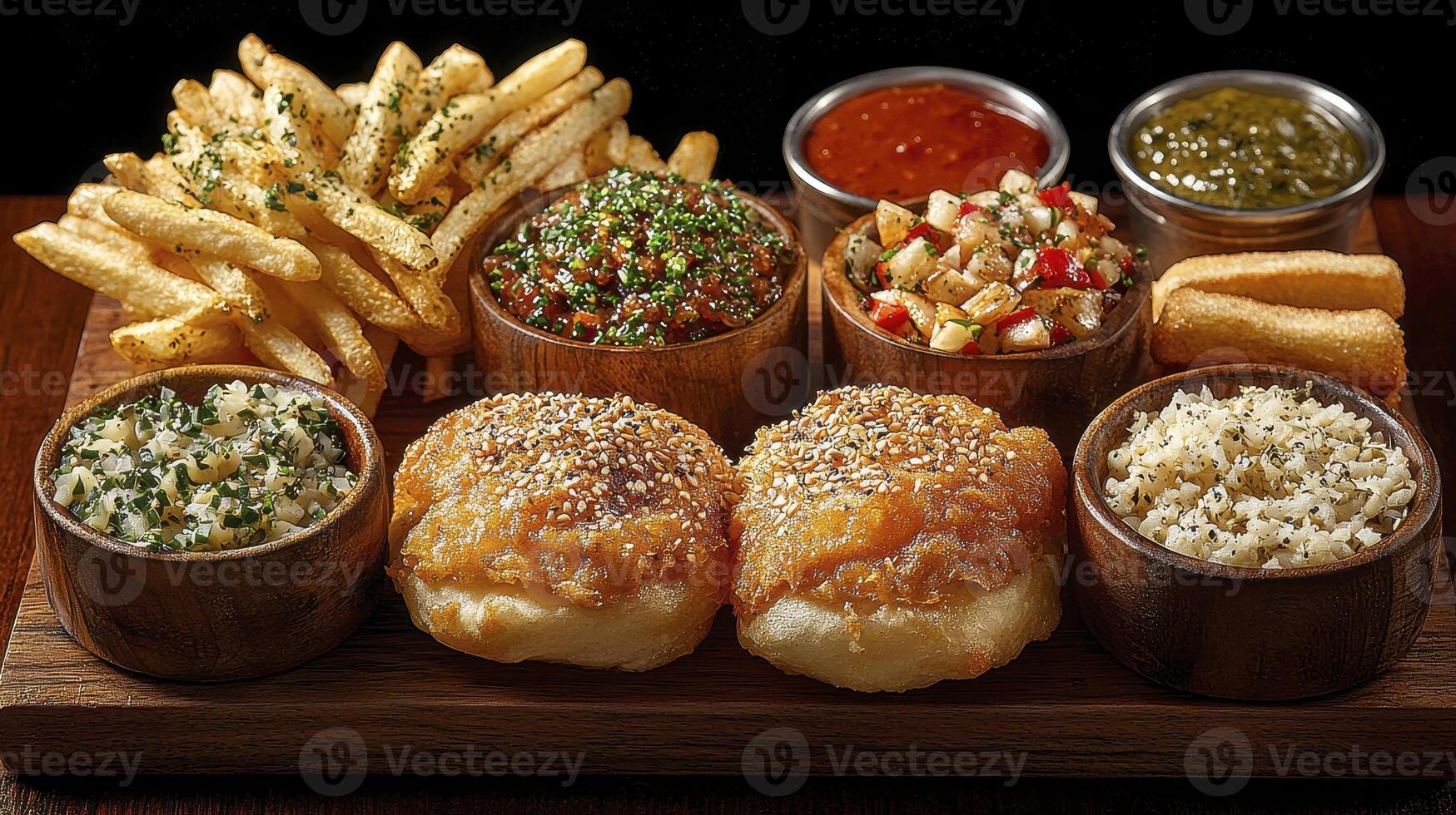 Delight in a tempting culinary composition, showcasing an array of savory delights, arranged artfully on a rustic wooden board, capturing the essence of gastronomic indulgence and inviting viewers to photo
