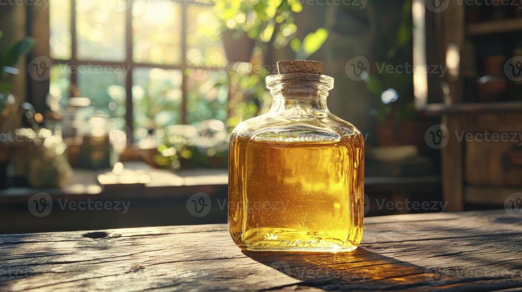 Discover the captivating essence of artisanal oils, captured in a sun-drenched still life This image celebrates the beauty of natural ingredients, the warmth of golden light, and the rustic charm of photo