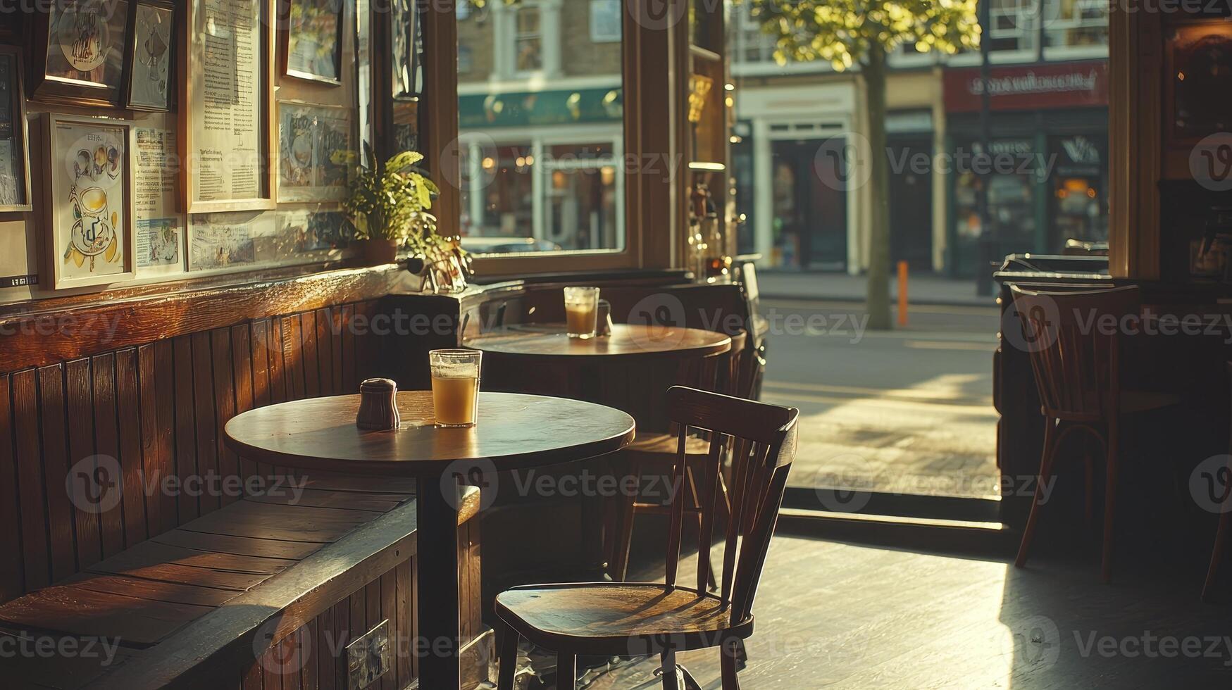 Discover the cozy ambiance of a traditional pub, bathed in warm sunlight filtering through the window, casting gentle shadows on wooden tables and chairs, inviting you to unwind and savor the charm photo