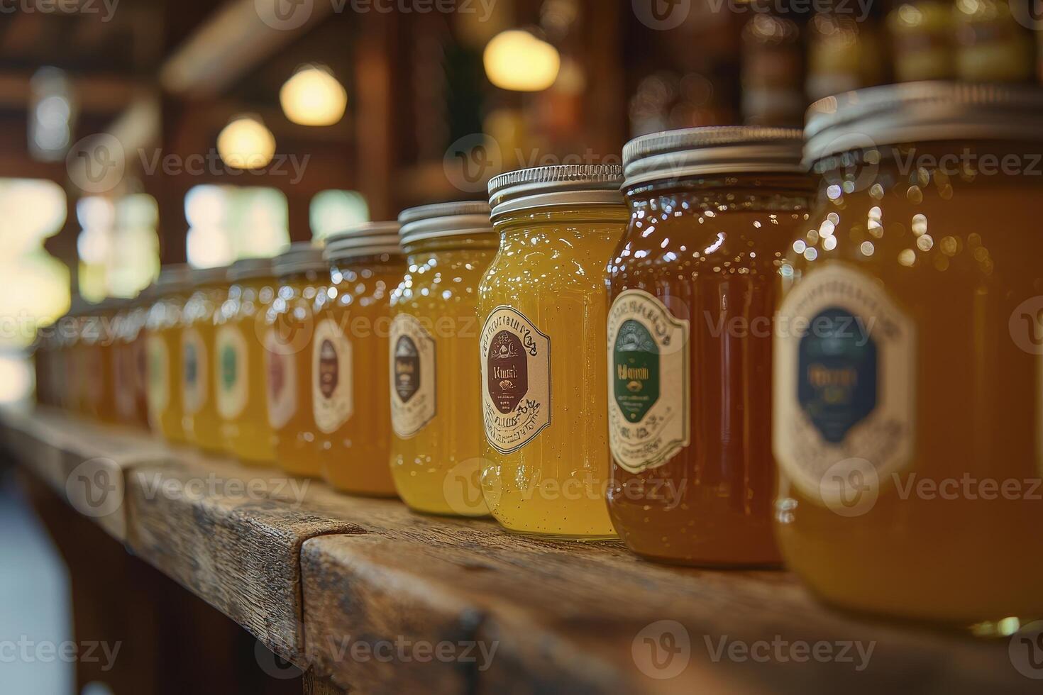 Discover the golden sweetness of locally sourced honey in vintage glass jars, displayed along a rustic wooden shelf A captivating image showcasing natural raw honey, highlighting its various shades photo