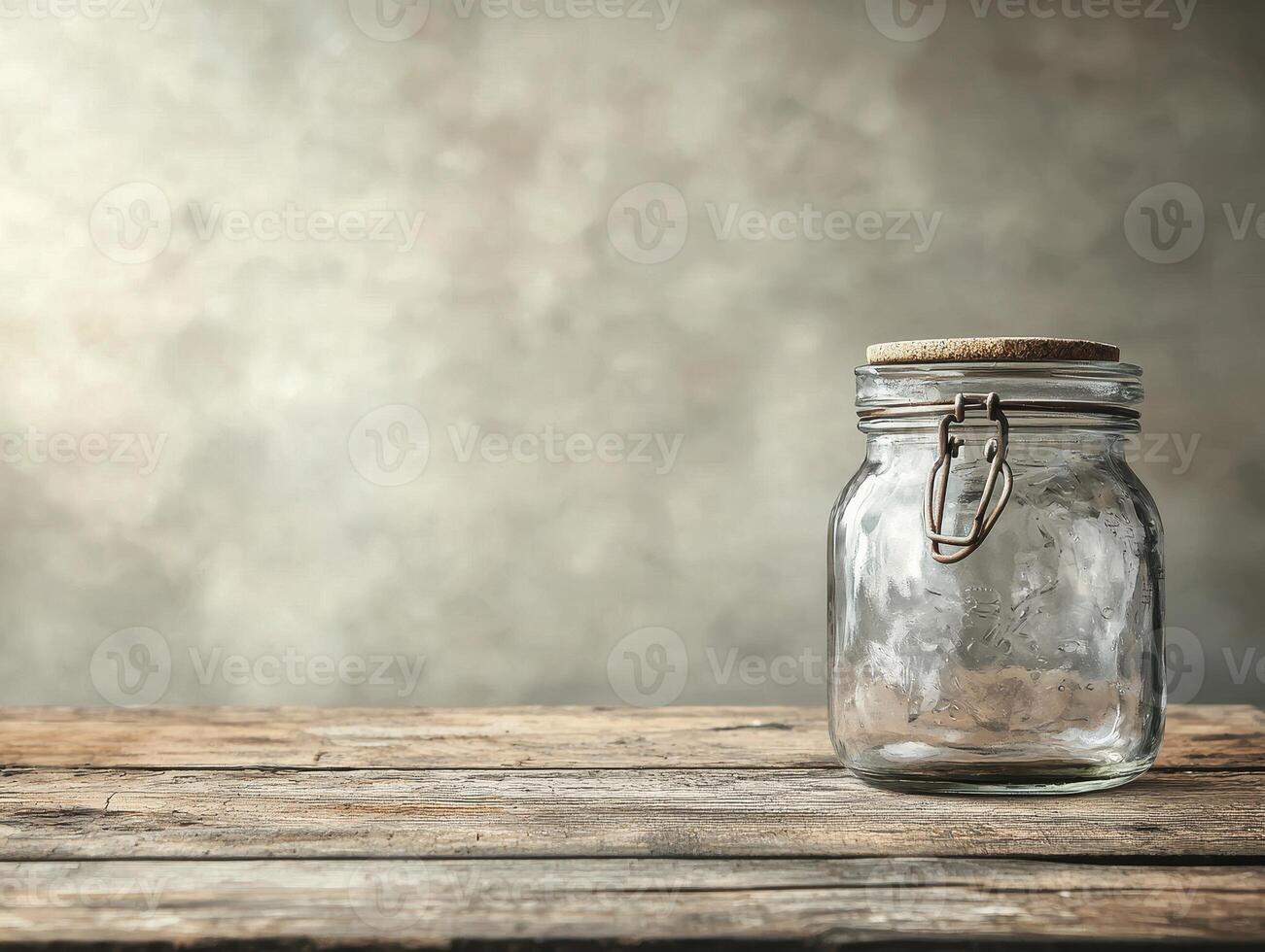 Empty Glass Jar on Rustic Wooden Tabletop A minimalist still life photograph showcasing an empty glass jar with a secure clasp and cork lid, set against a textured grey background Perfect for photo