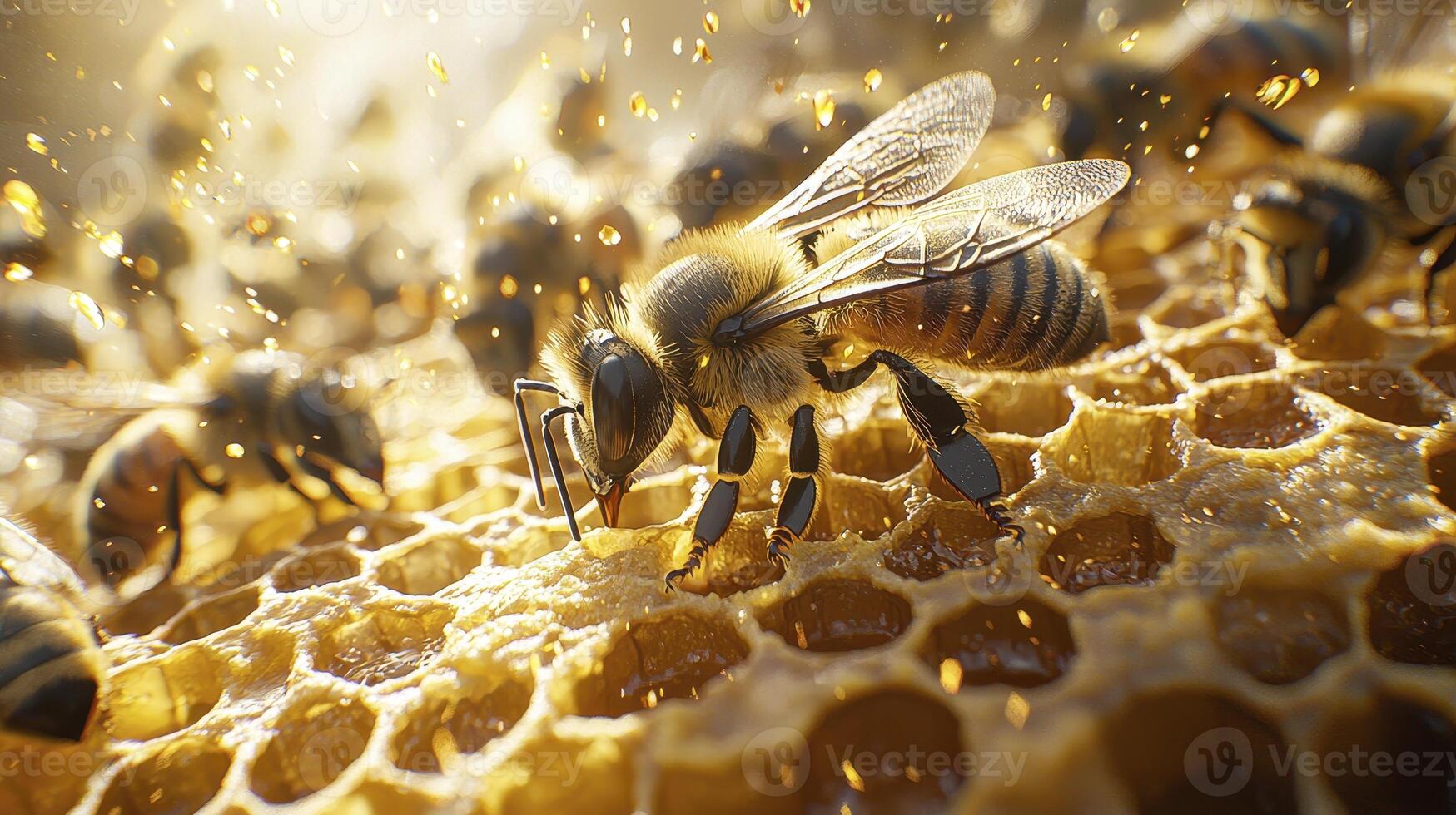 Explore the captivating world of honeybees through this high-resolution image, showcasing their intricate roles in pollination and honey production within the hive Witness the delicate dance of these photo