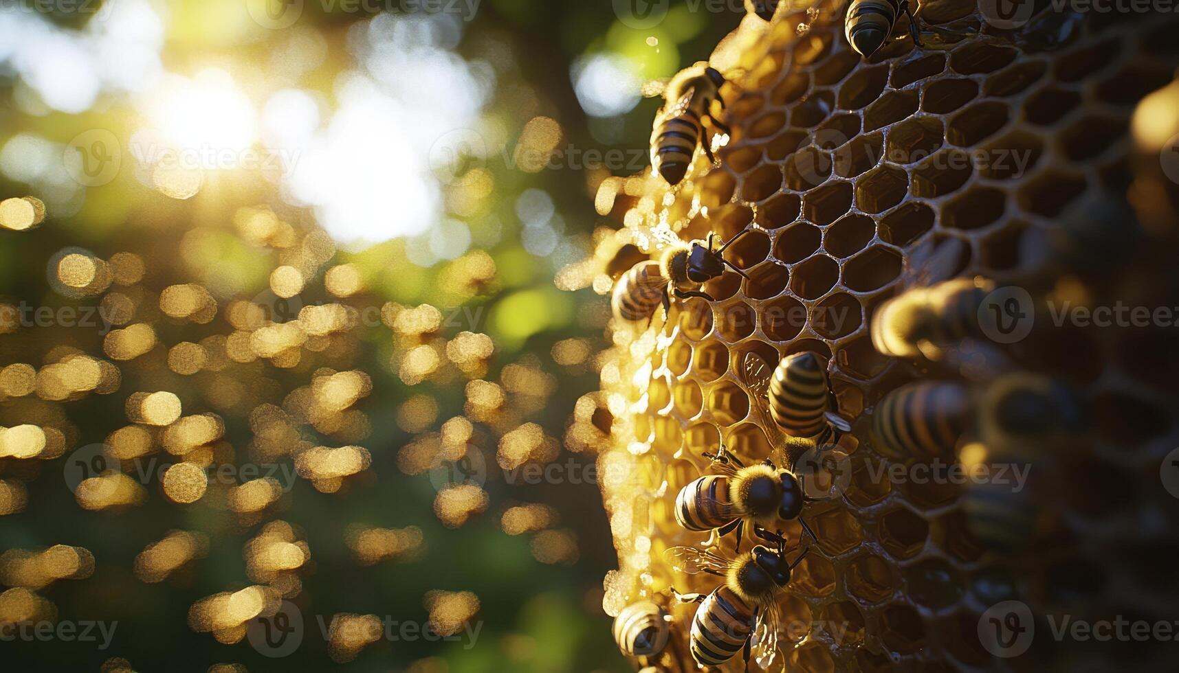 Explore the intricate world of honeybees with this captivating image showcasing their meticulous honeycomb construction under the golden sunlight Witness the beauty and complexity of bee society as photo