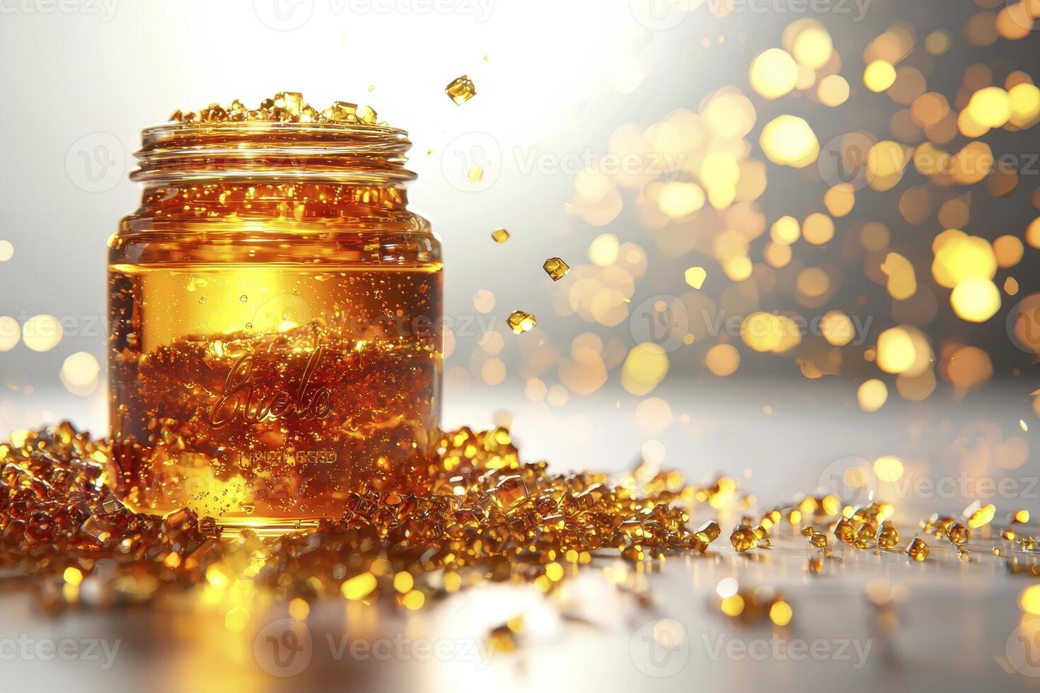 Golden Elixir A Captivating Close-Up of a Jar Filled with Glistening, Amber-Colored Liquid, Surrounded by a Cascade of Golden Beads, Evoking a Sense of Luxury, Magic, and Timeless Beauty The Soft photo