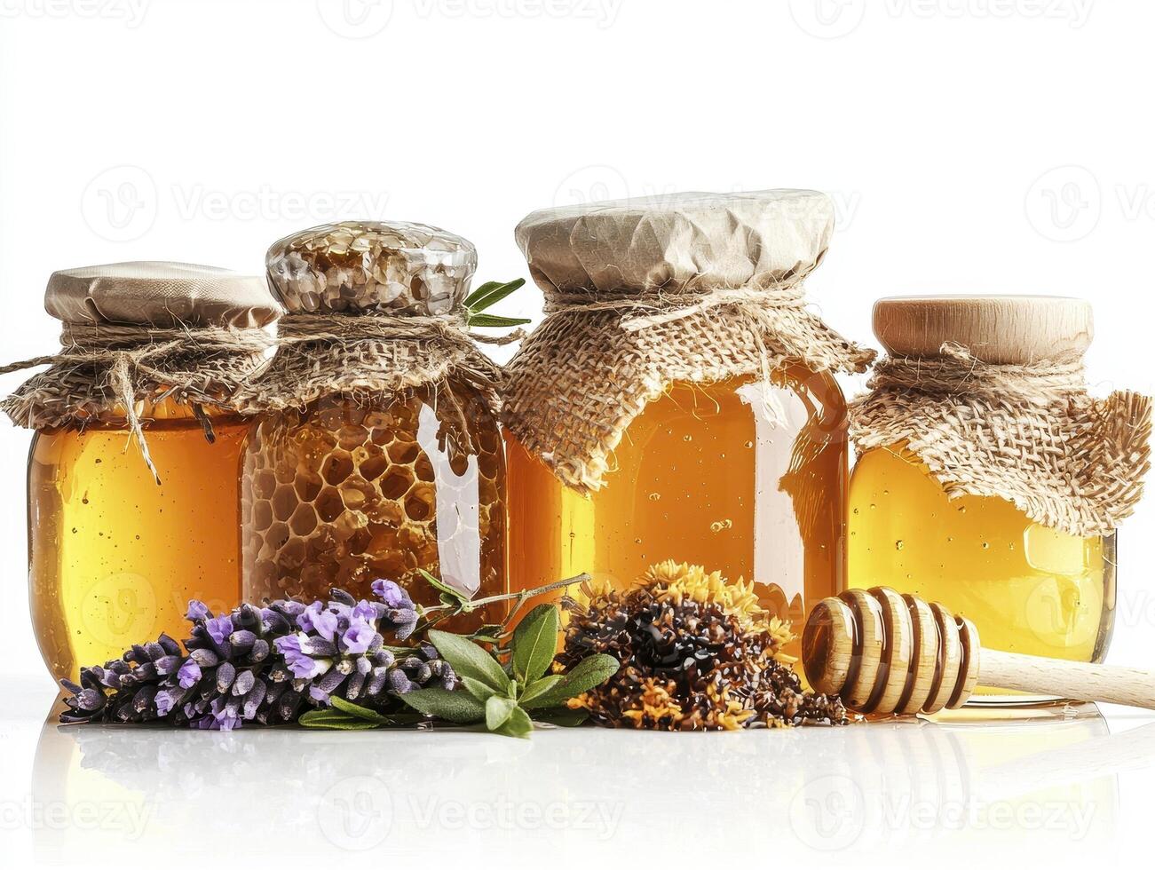 Golden Elixir A Captivating Still Life of Honey Jars, Unveiling Nature's Sweetness and Healing Properties Discover the Richness of Natural Honey, from Golden Nectar to Lavender Infusions, in this photo
