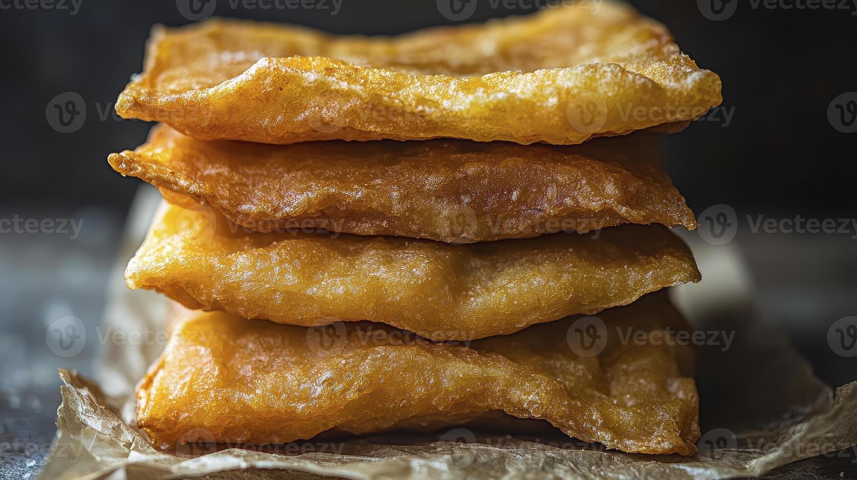 Golden Fried Dough Delight A close-up view of crispy, golden-brown fried dough, stacked invitingly on rustic parchment paper Explore the textures, from the slightly blistered surface to the soft photo